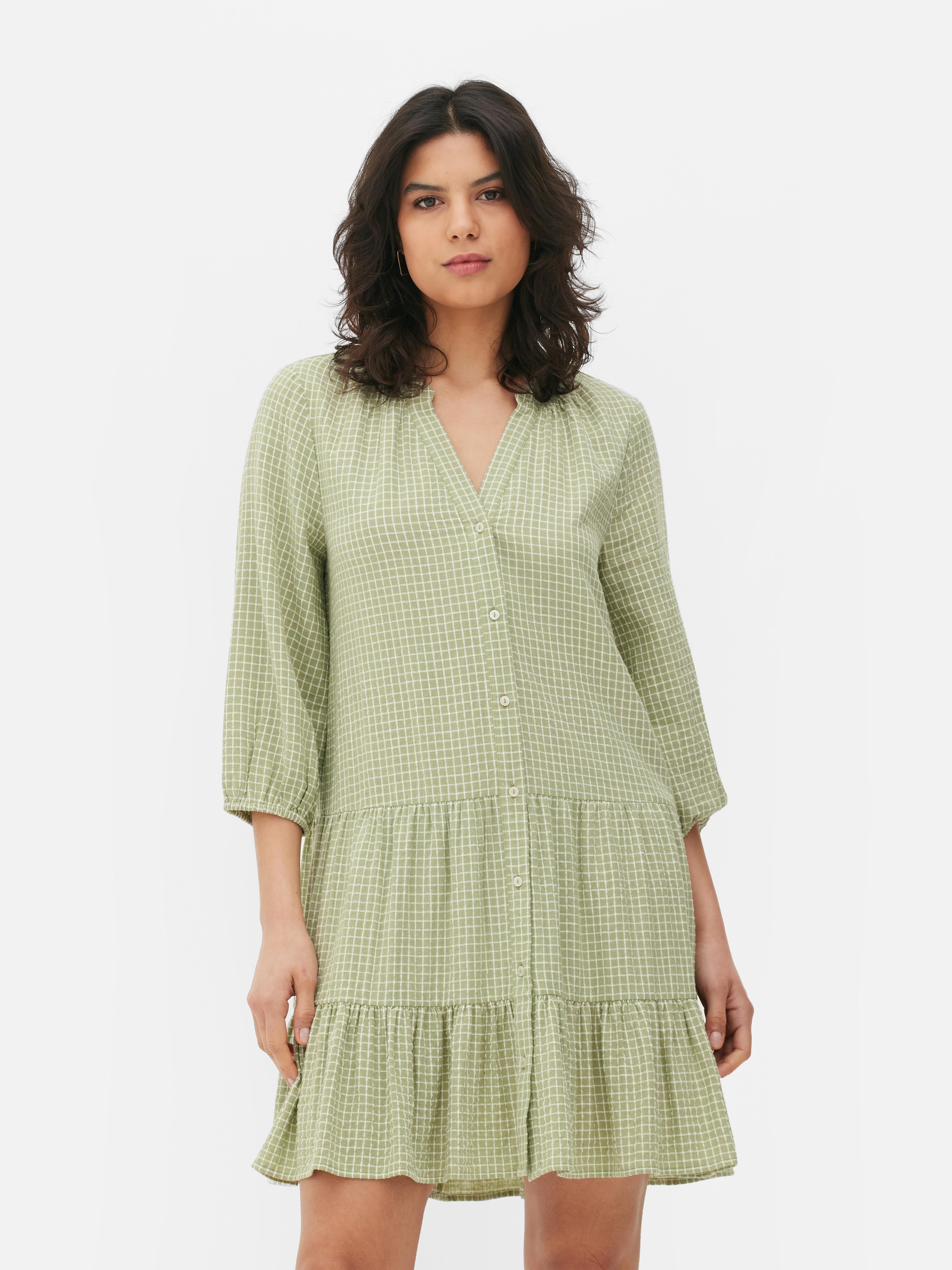 Womens Light Green Gingham Mini Smock Dress