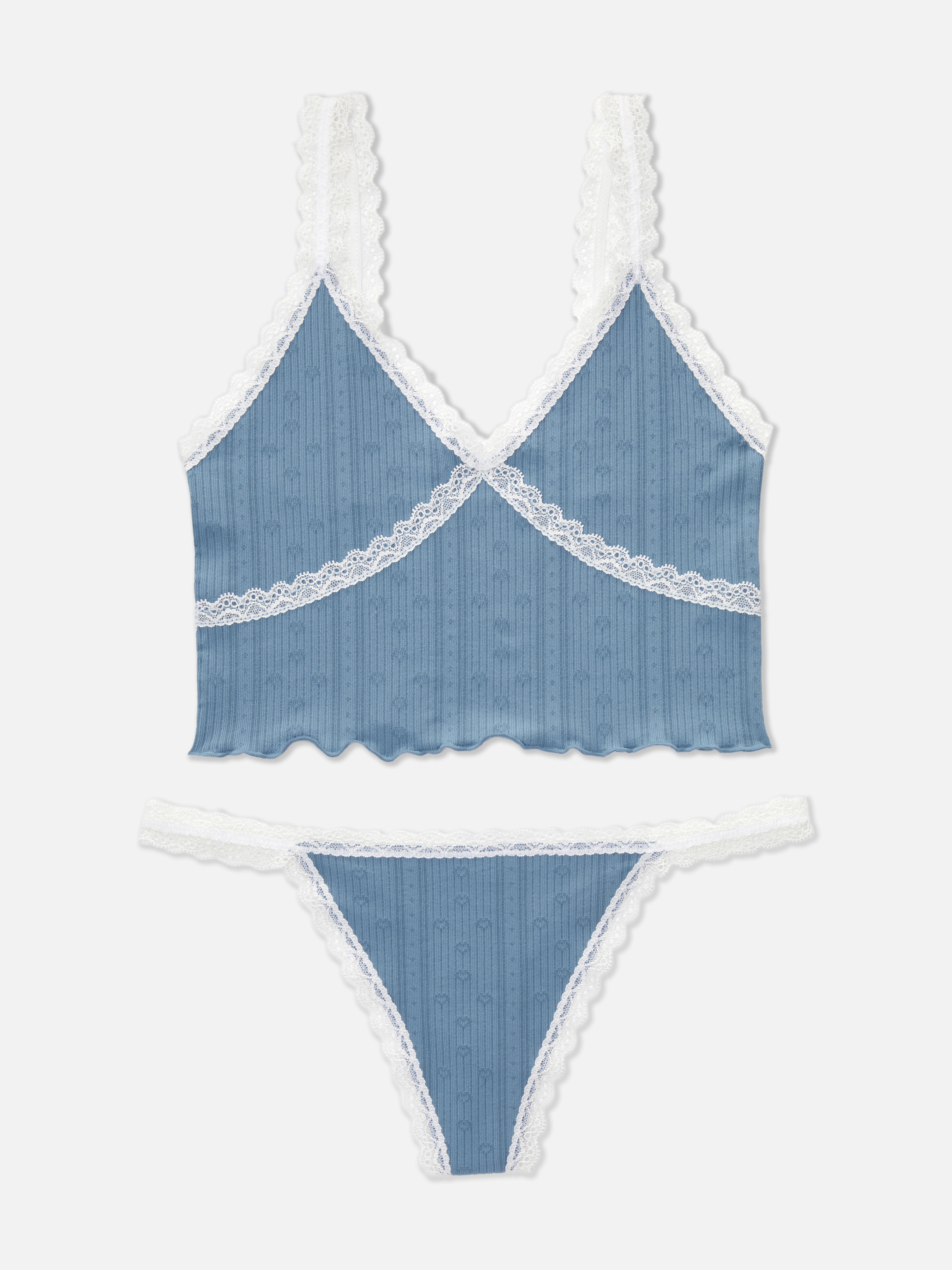 Womens Blue Seamless Pointelle Longline Bralette and Thong Set