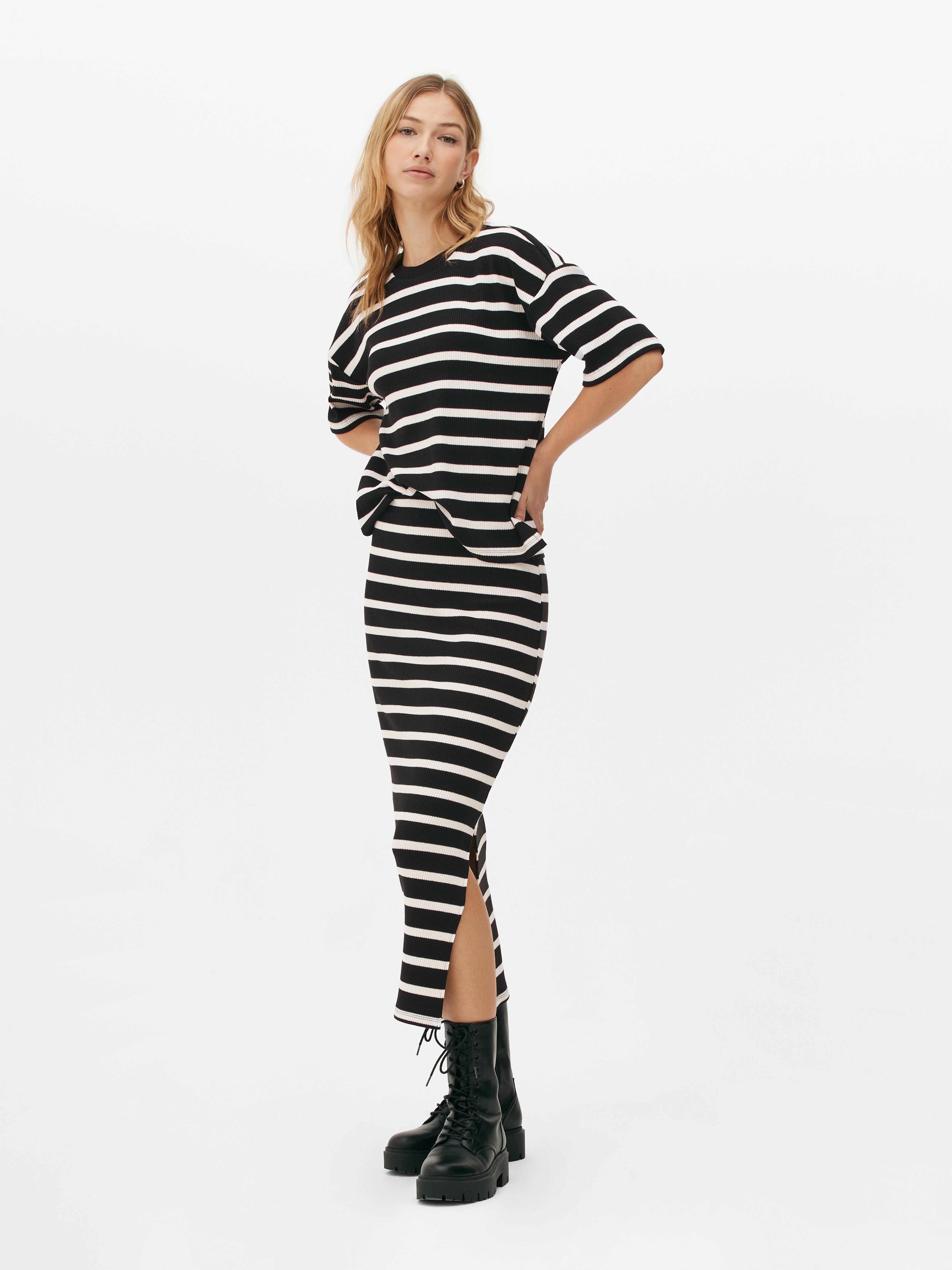 Striped Ribbed Midi Skirt