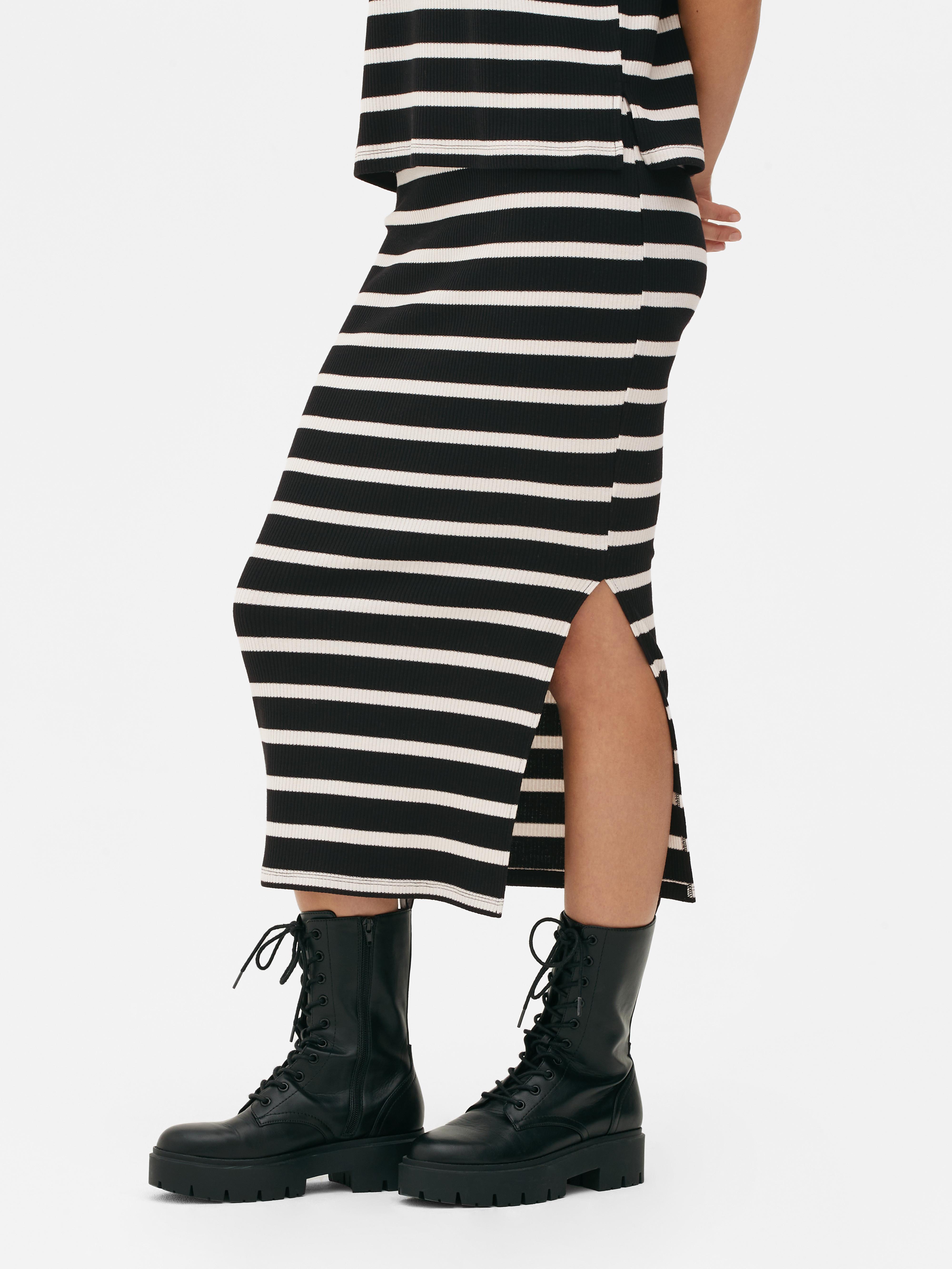 Womens Black/White Co-ord Stripe Ribbed Midi Skirt