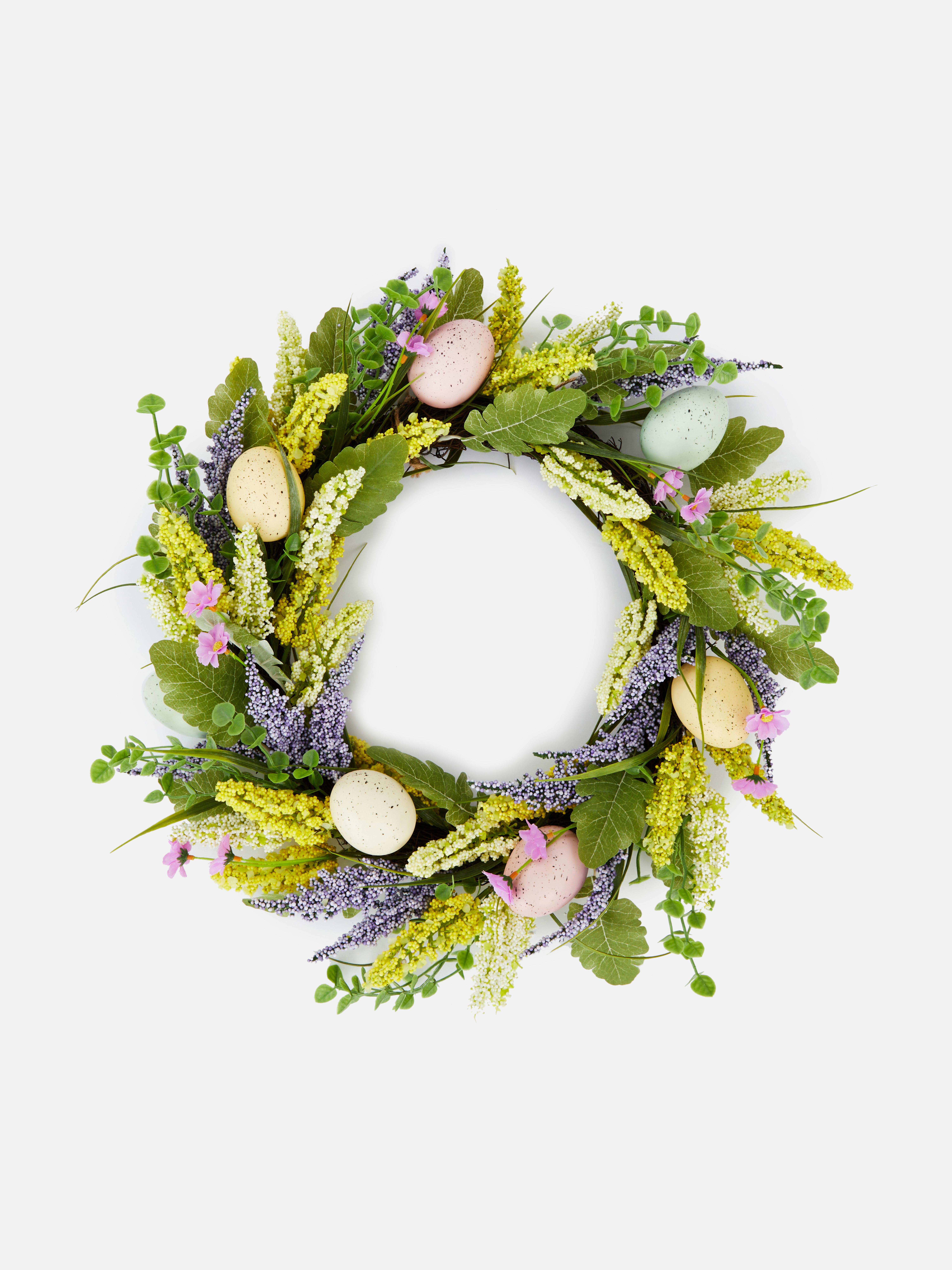 Couronne œufs de Pâques et fleurs sauvages artificielles