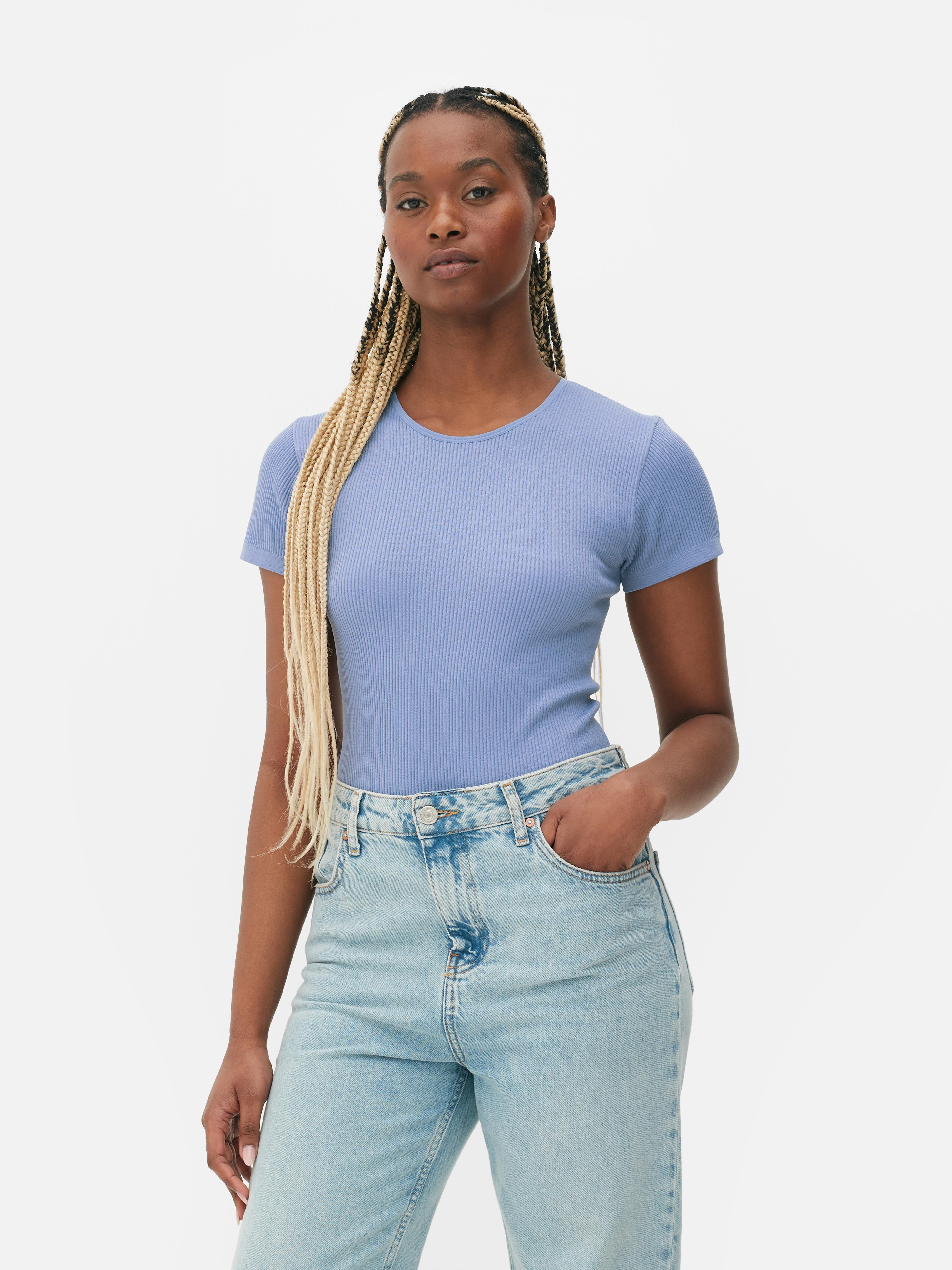 Womens Light Blue Seamfree Ribbed T-Shirt Bodysuit