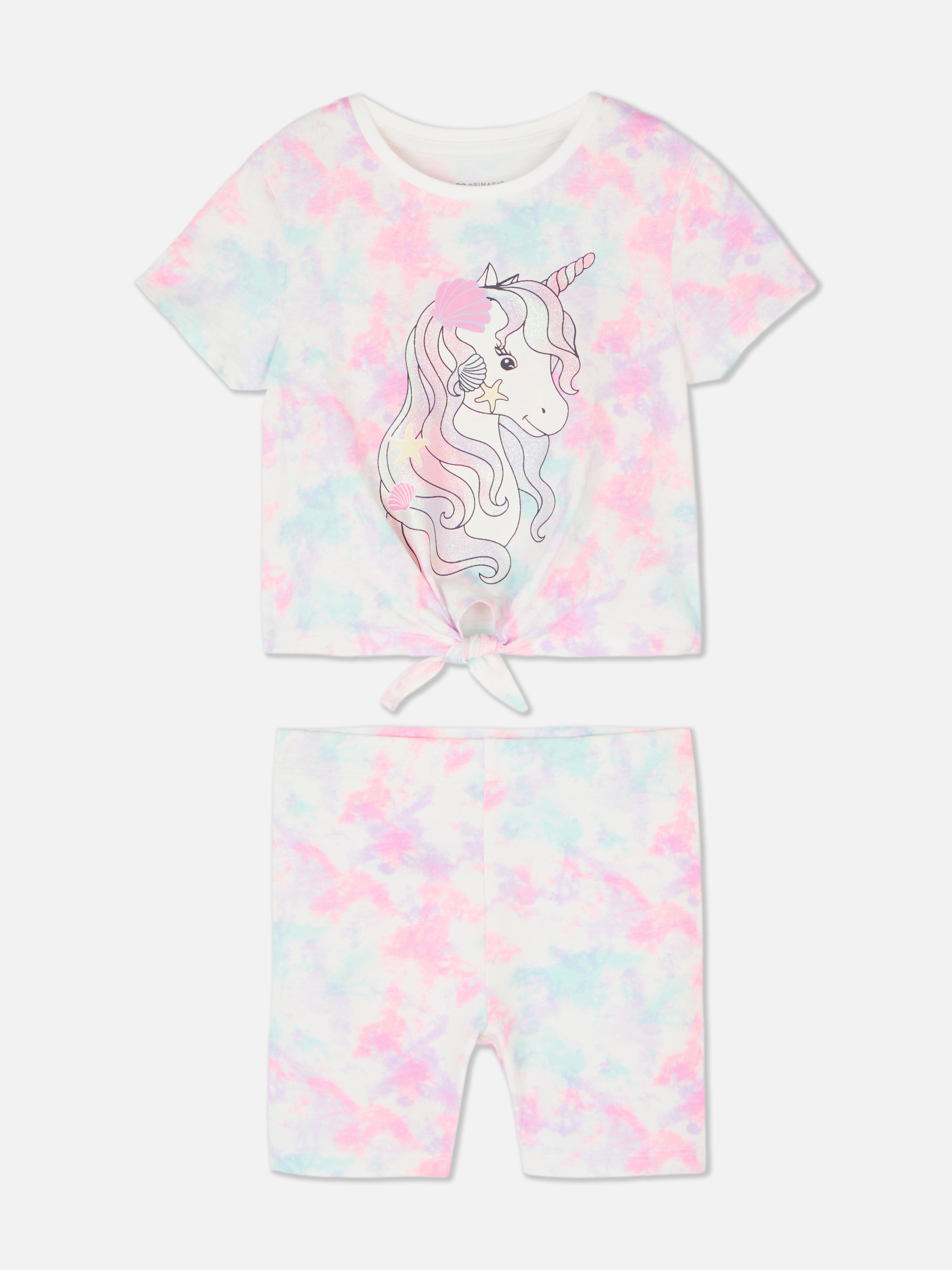T-shirt e pantaloncini tie dye coordinati unicorno