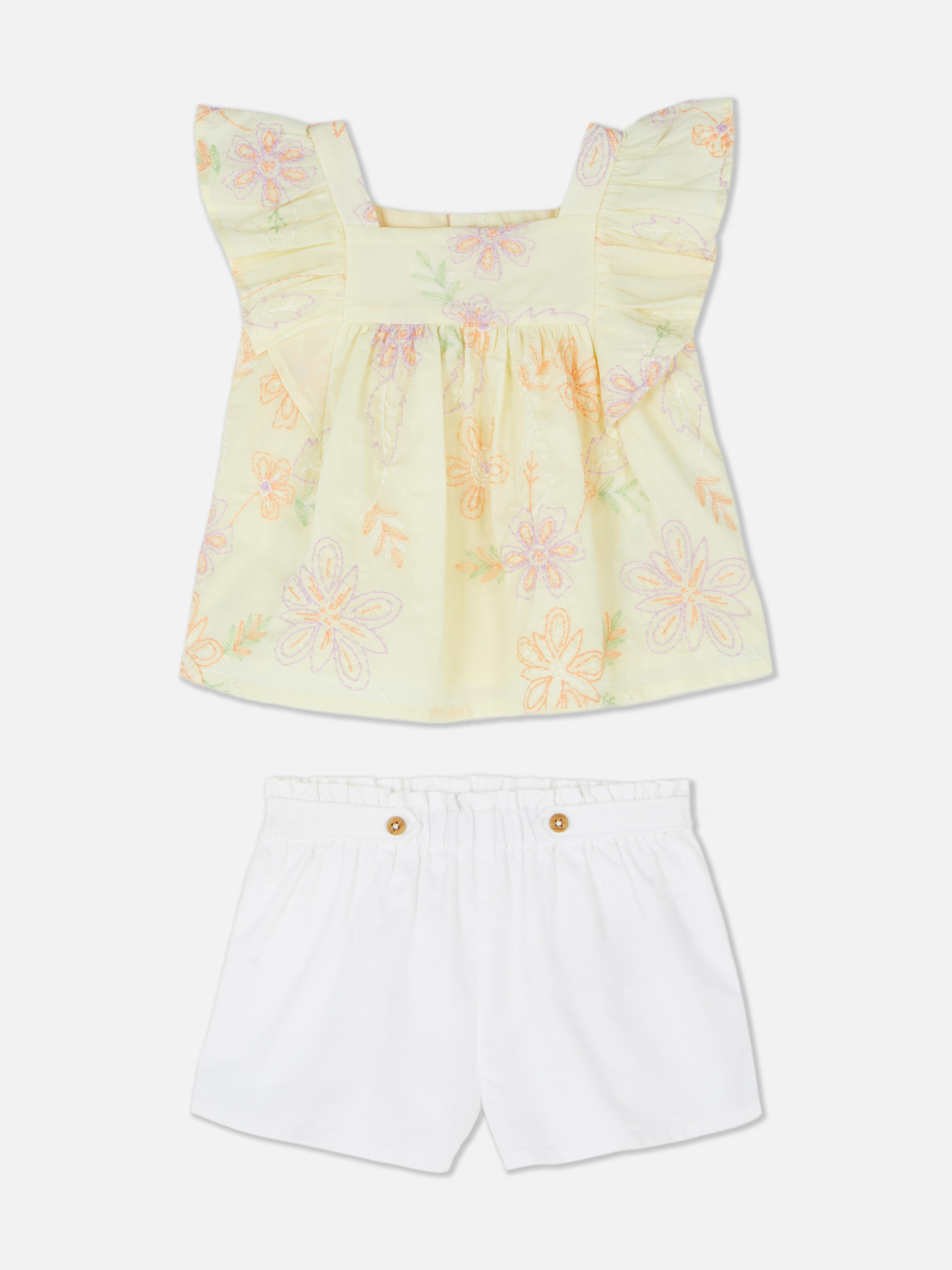 Floral Embroidered Blouse and Shorts Set