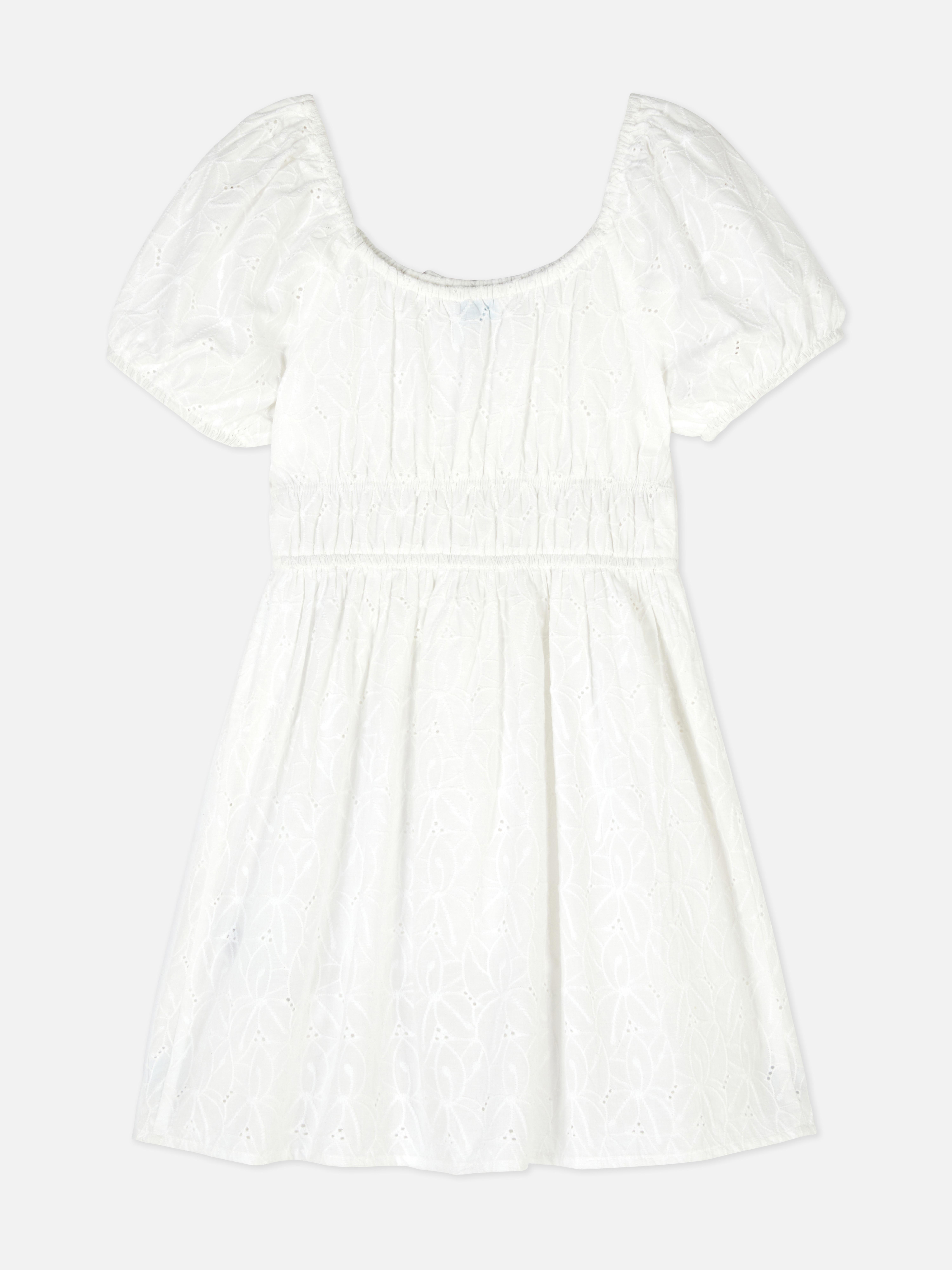 Girls White Puff Sleeve Broderie Anglaise Dress | Primark