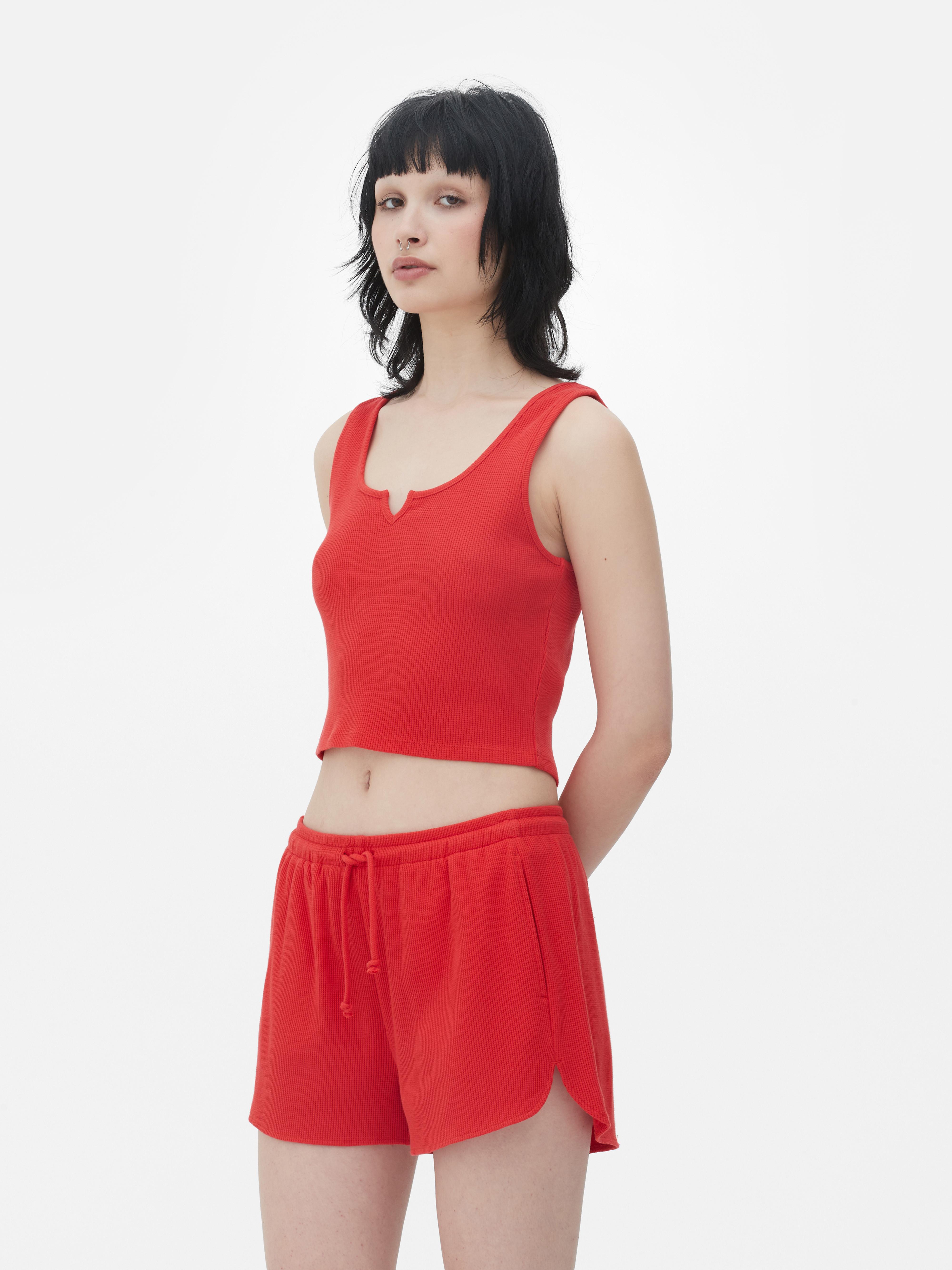 Womens Red Waffle Cropped Tank and Shorts Pyjama Set Primark