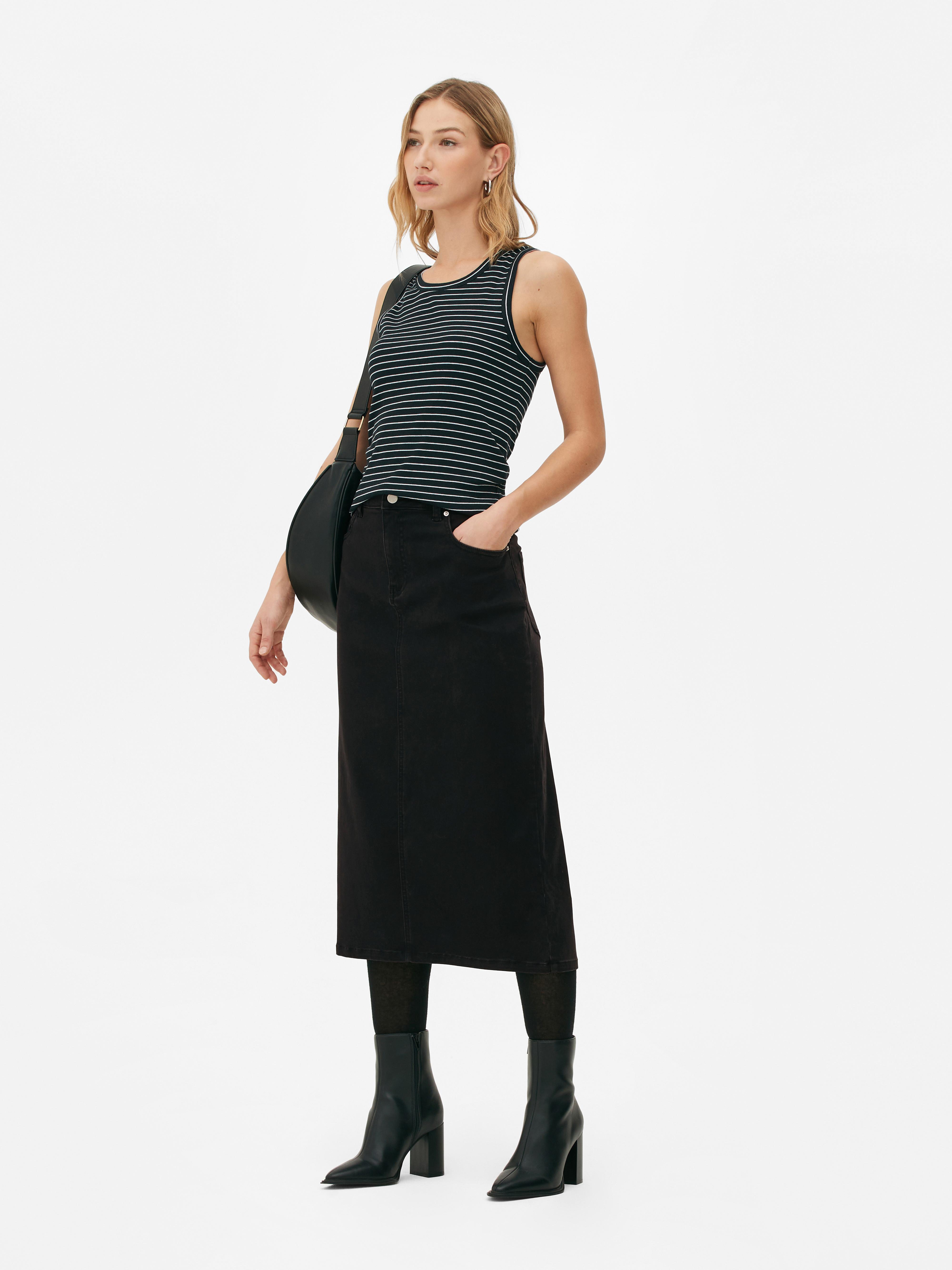 Women's Black Back Slit Denim Midi Skirt | Primark