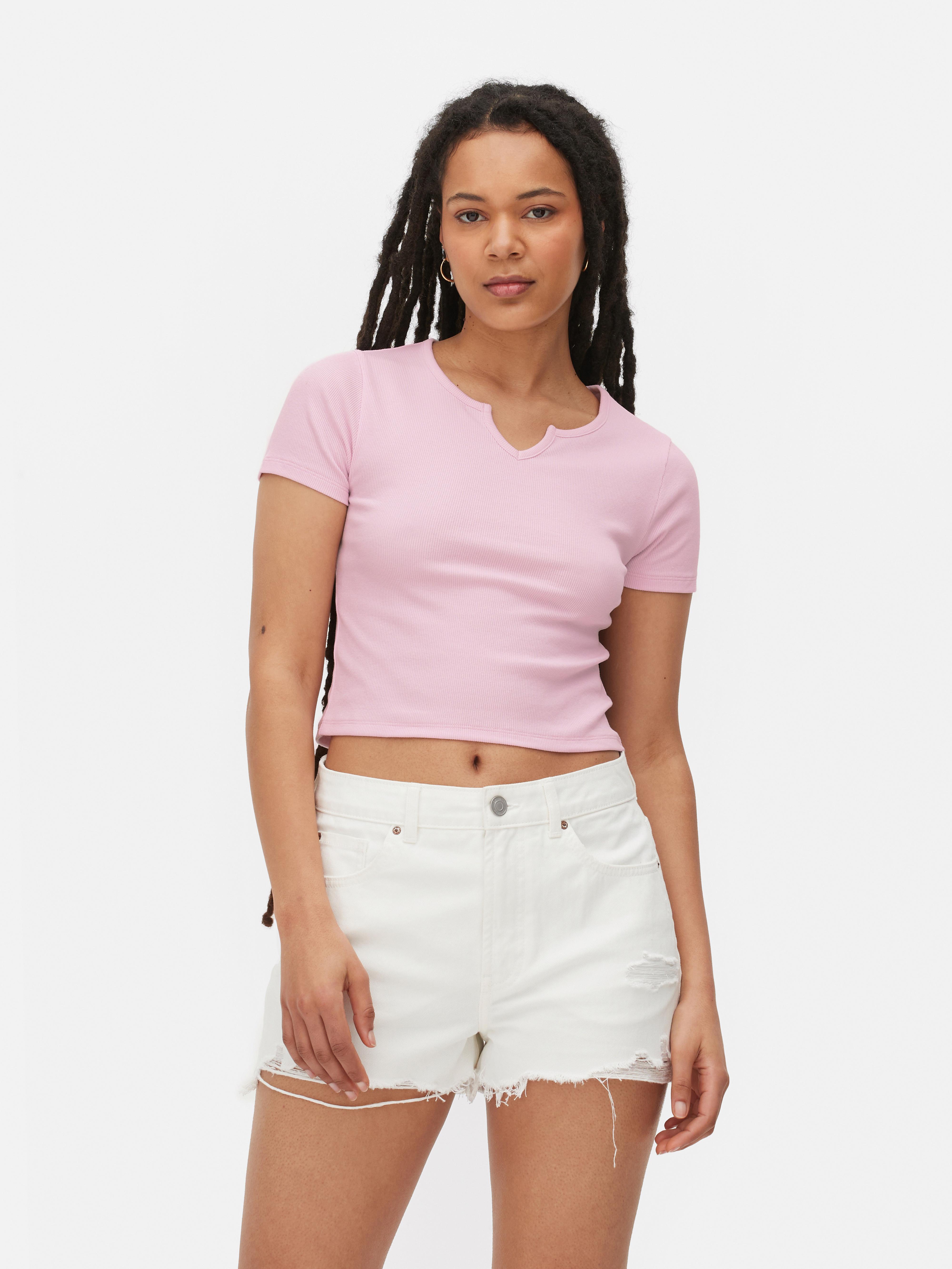 Women's Light Pink Notched Neckline Ribbed Cropped T-Shirt | Primark