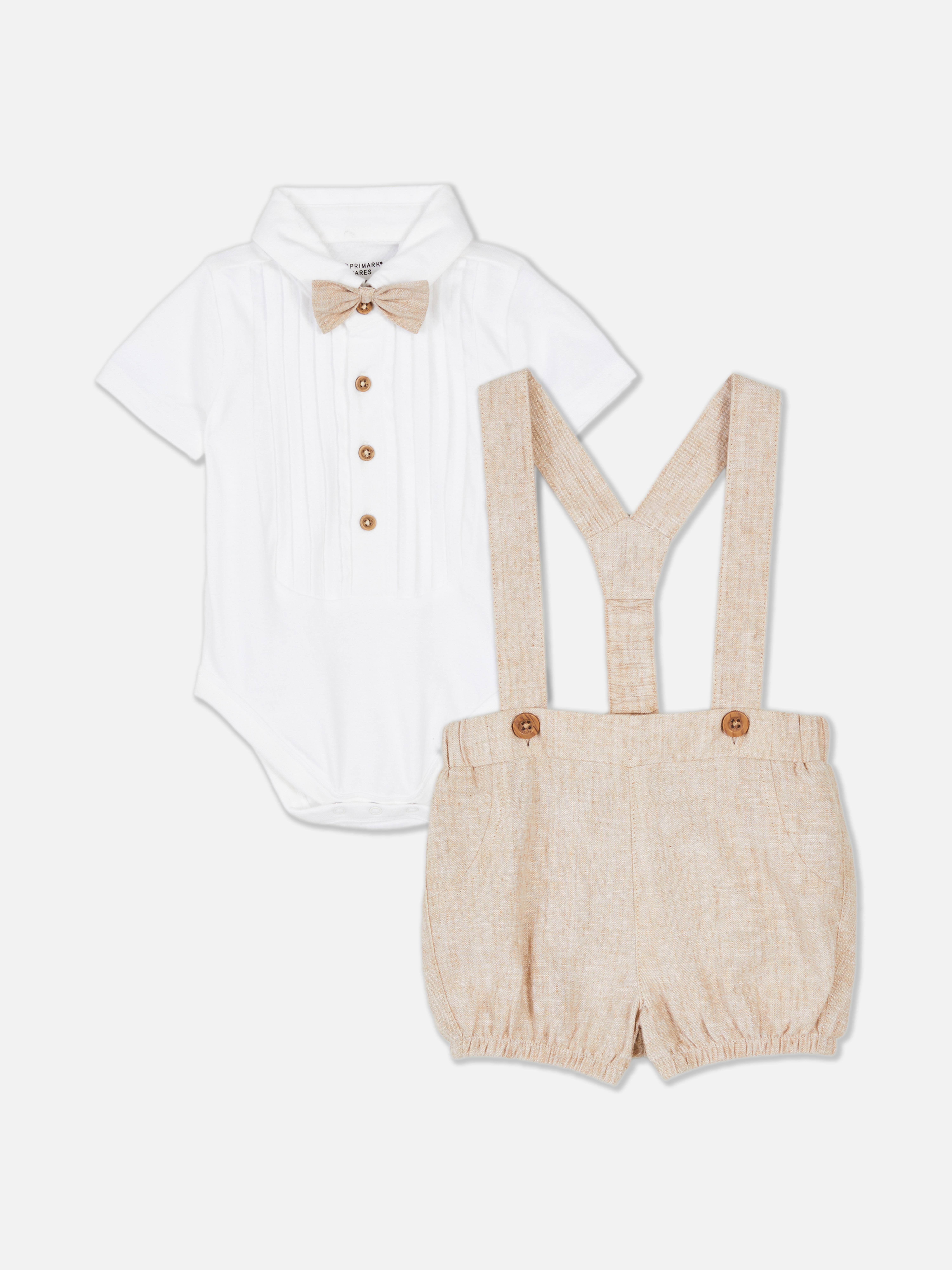 Newborn Baby Boys Beige Bowtie Shirt and Braces Outfit Set Primark