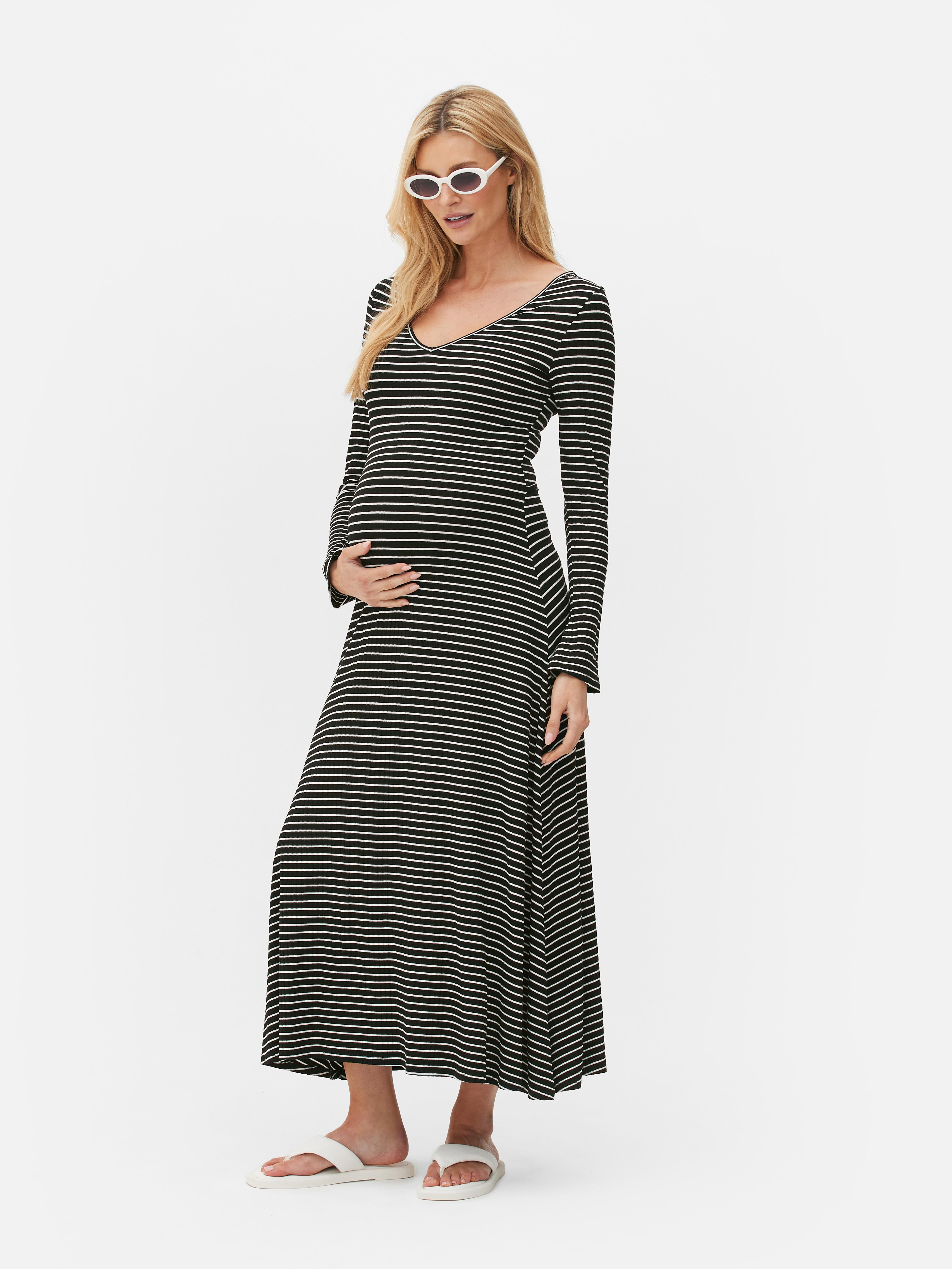 Maternity V-Neck Stripe Midi Dress
