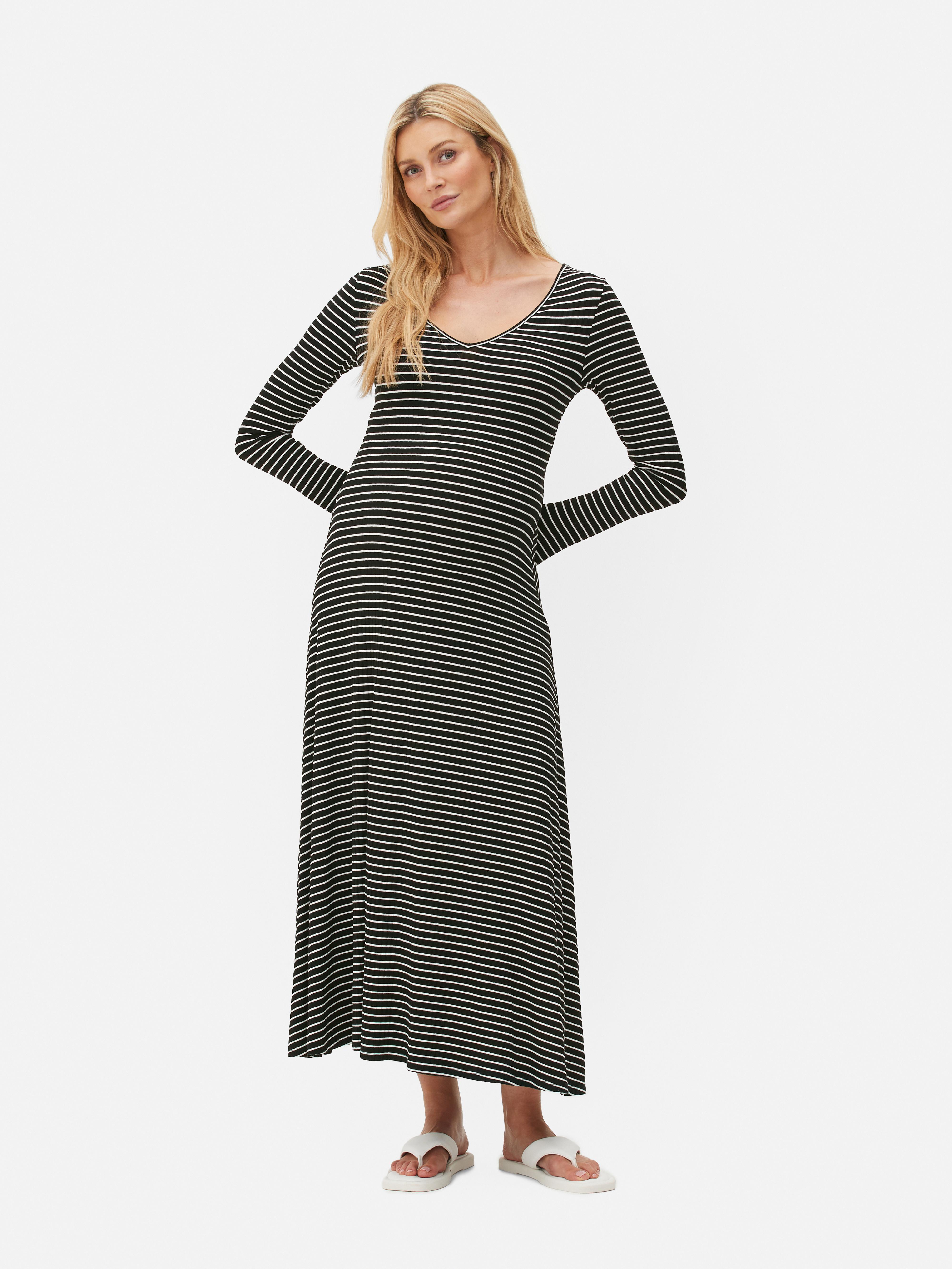 Womens Black/White Maternity V-Neck Stripe Midi Dress | Primark