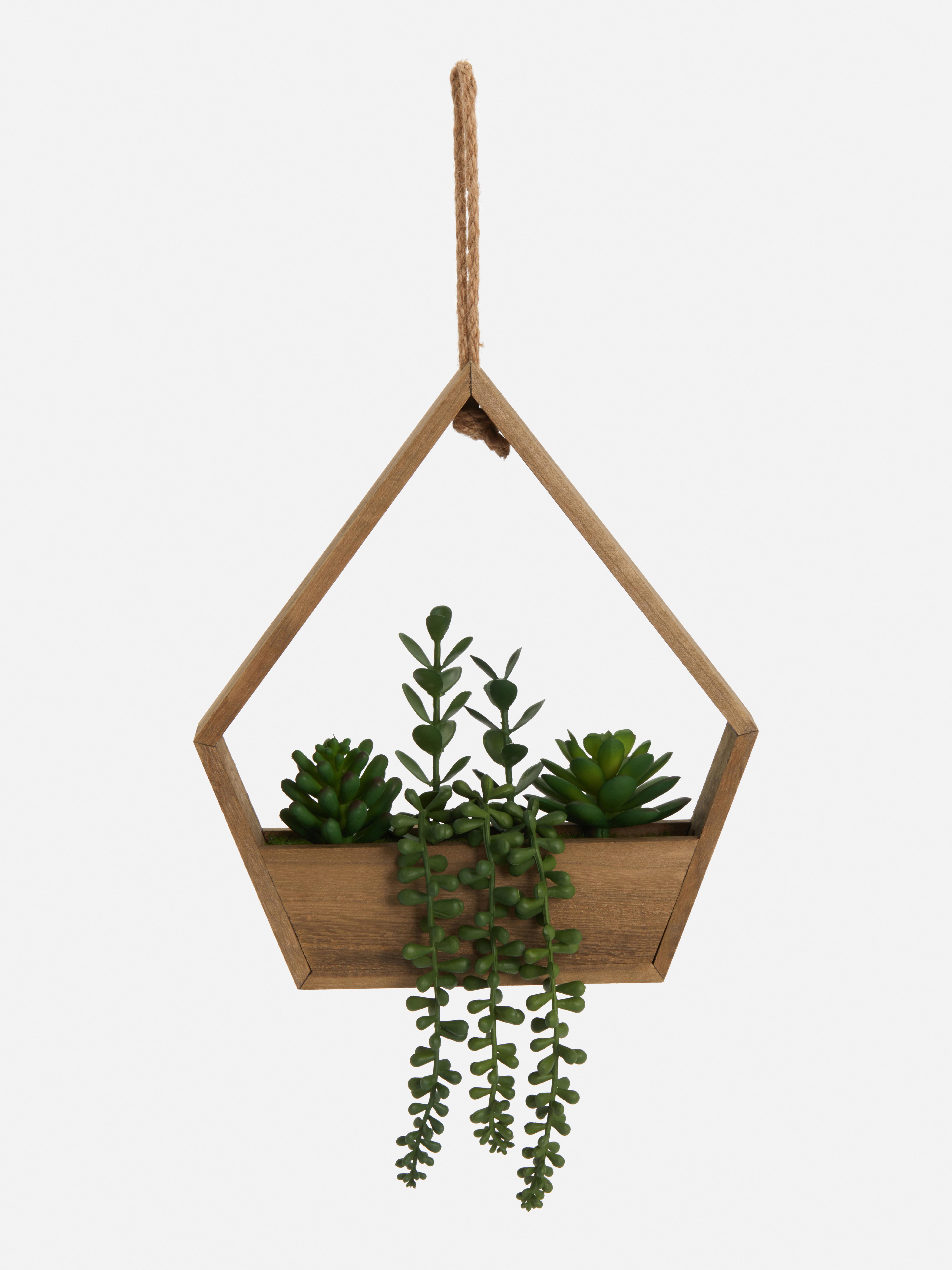 Faux Succulents In Hanging Wooden Pot