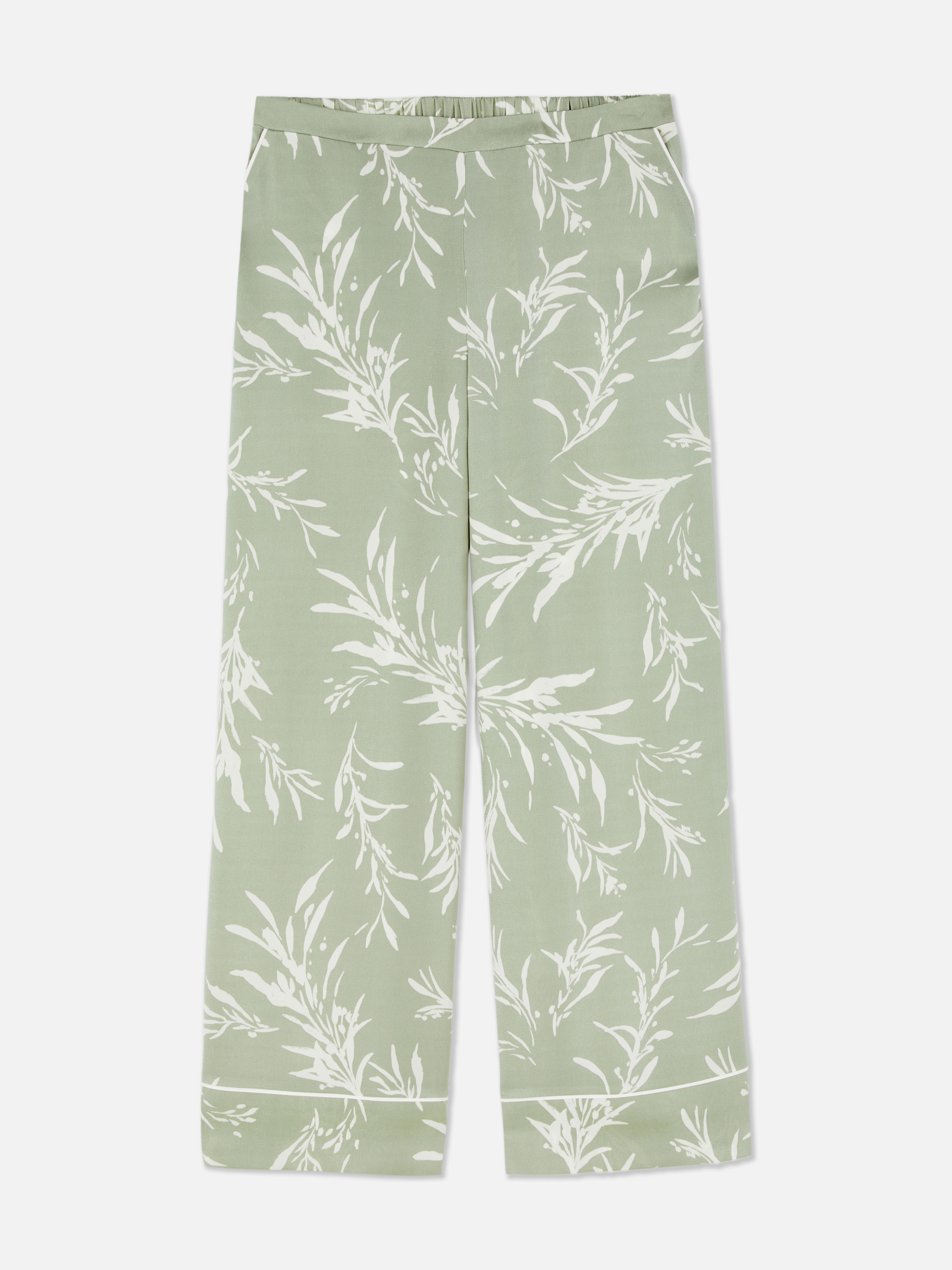 Women's Light Green Leaf Print Satin Wide Leg Pajama Pants Primark