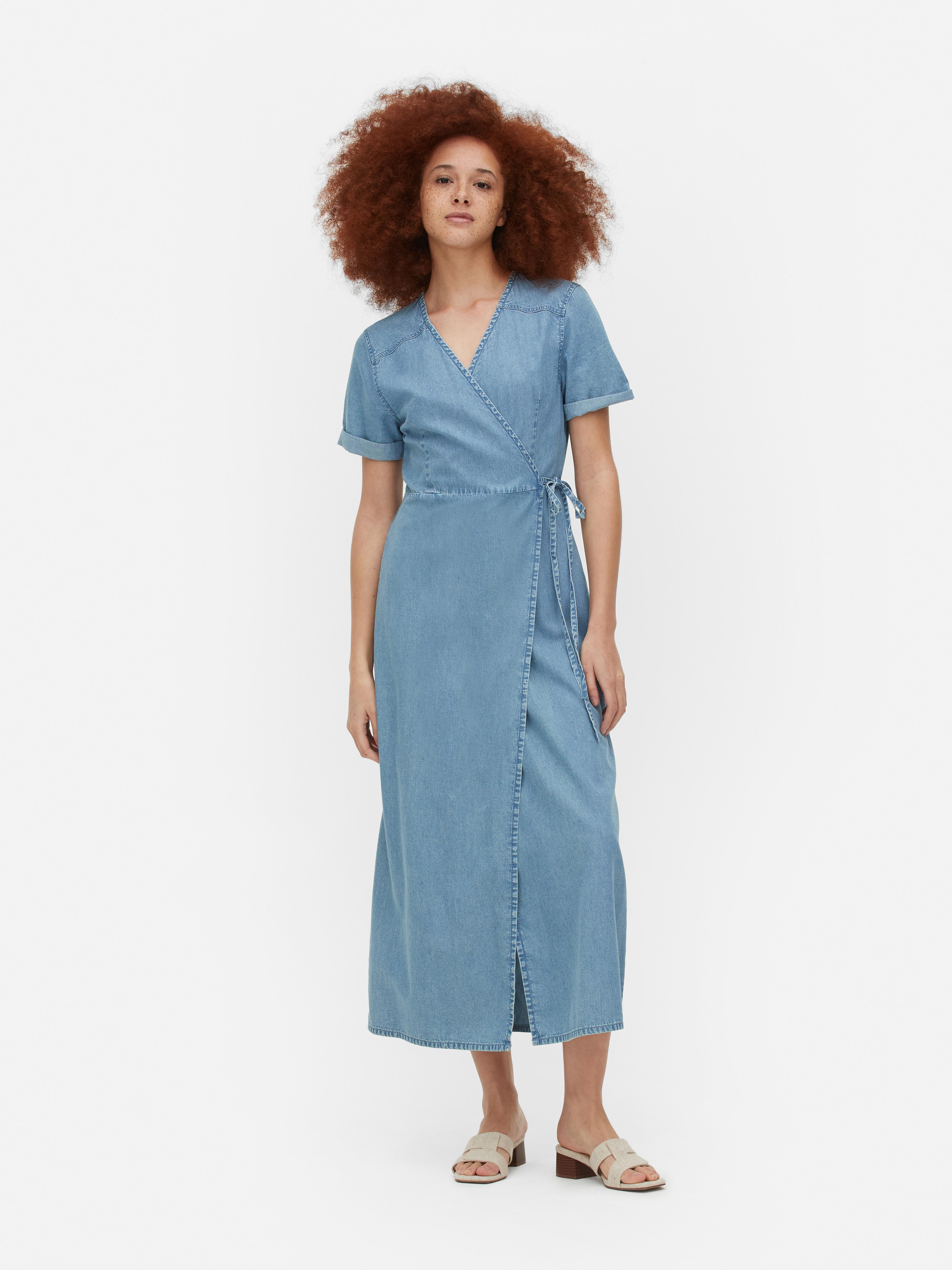 Women's Mid Blue Denim Wrap Midi Dress | Primark