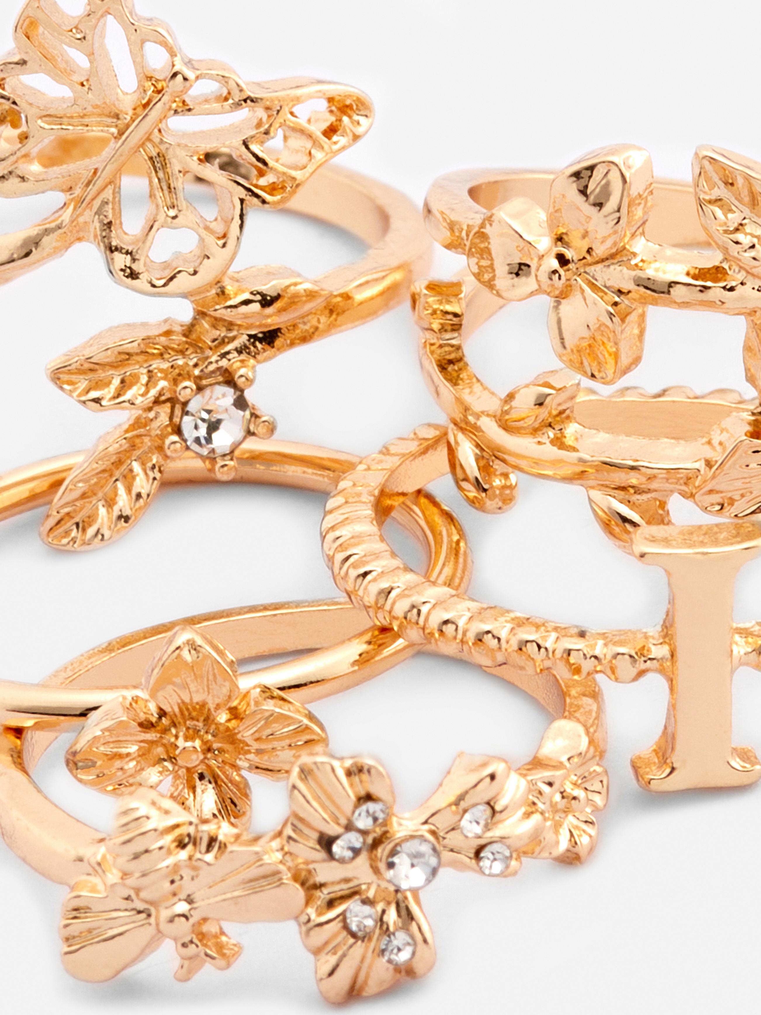 Women s 5pk Initial Floral Rings Yellow Primark
