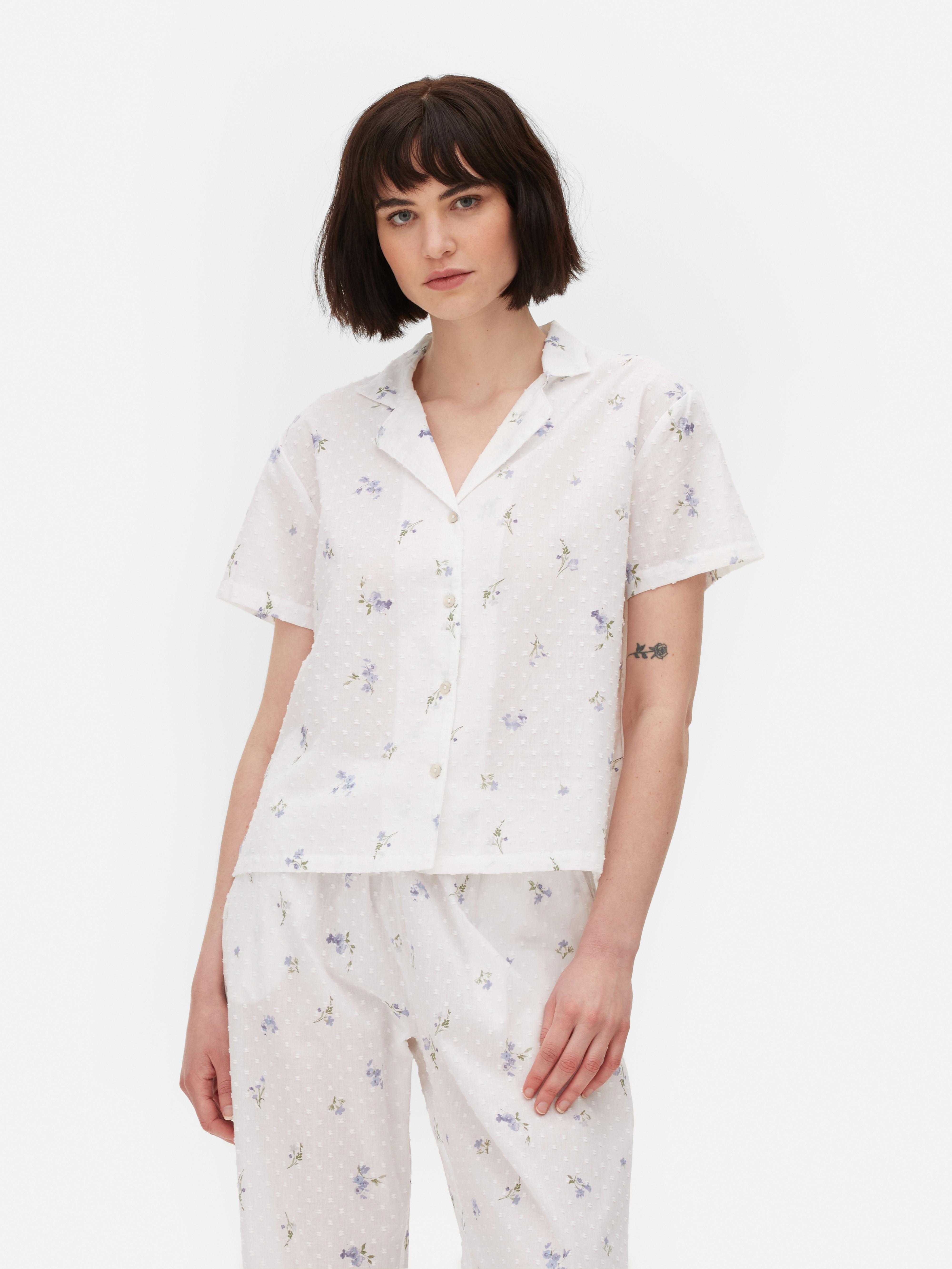 Top pijama tecido dobby padrão floral pintinhas