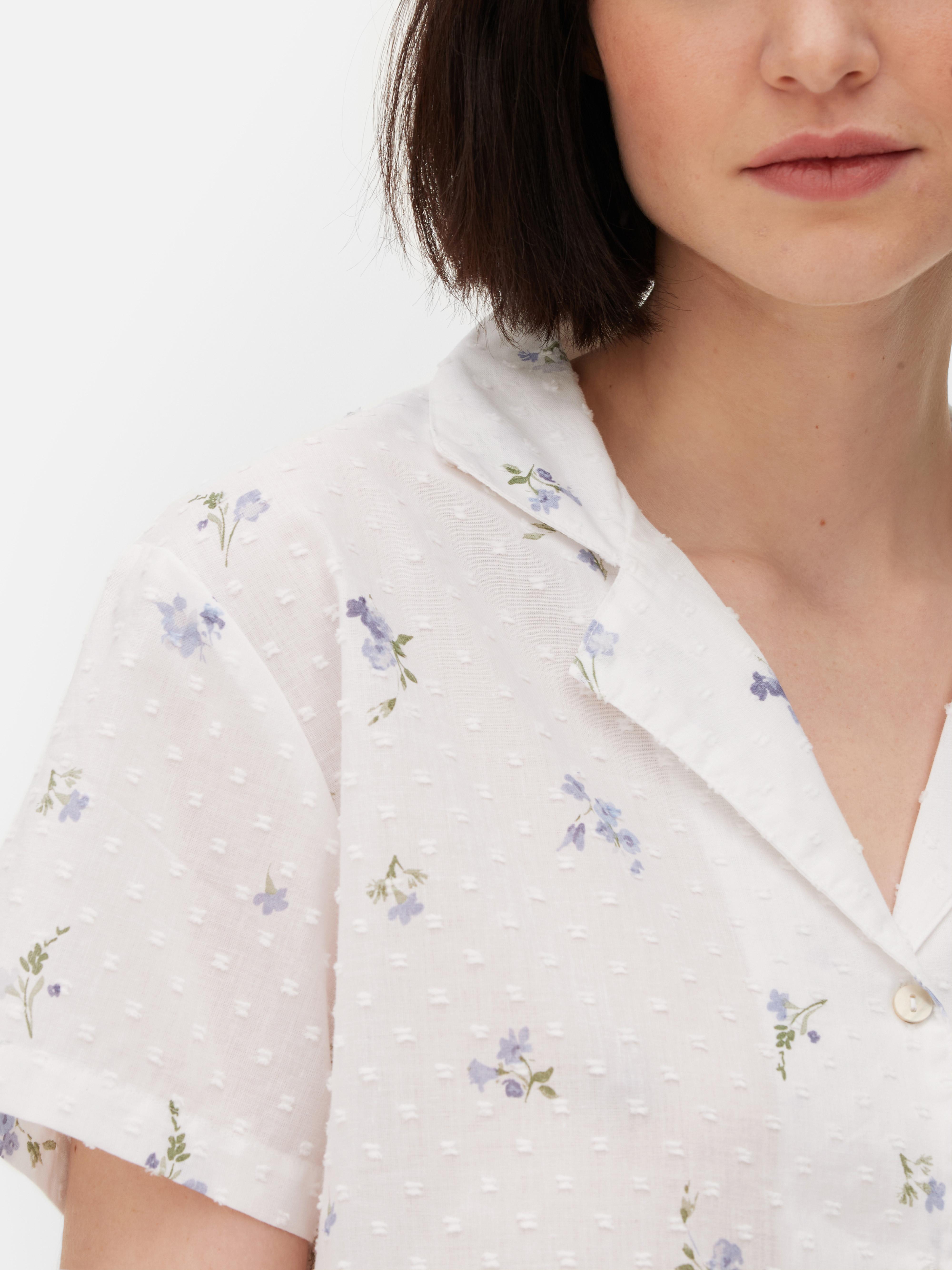 Top pijama tecido dobby padrão floral pintinhas