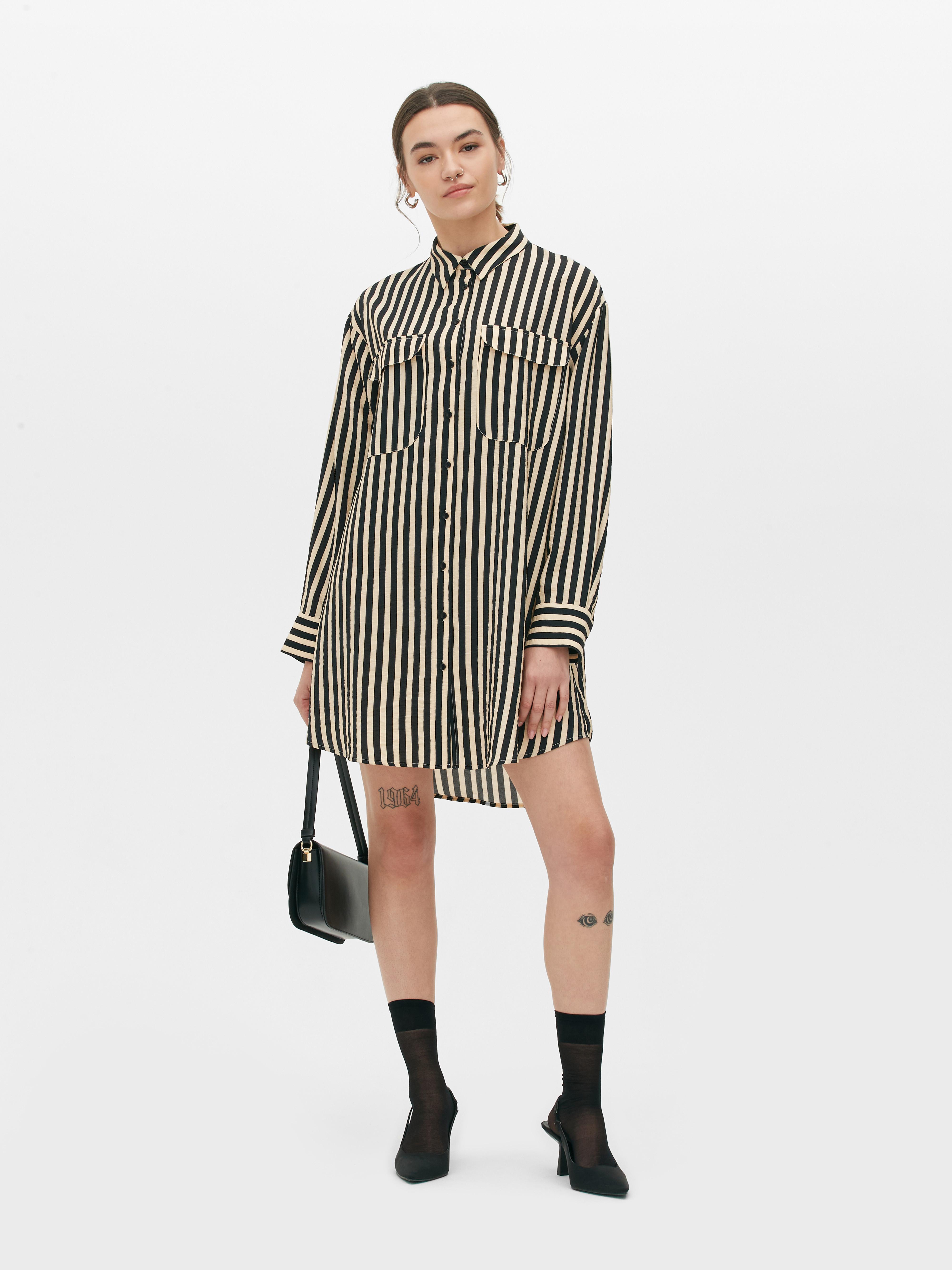 Womens Black/Nude Striped Mini Shirt Dress