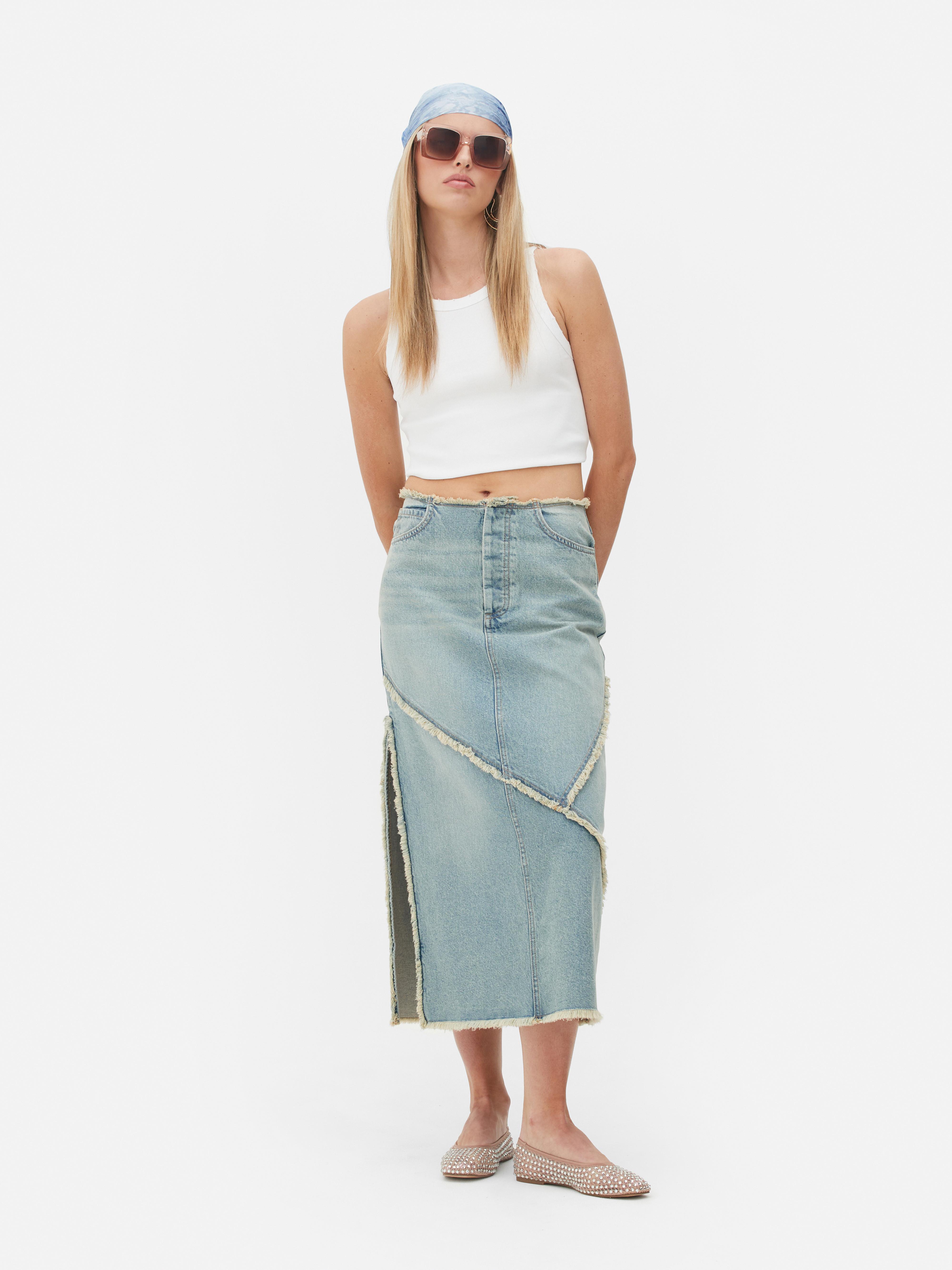 Rita Ora Frayed Denim Maxi Skirt