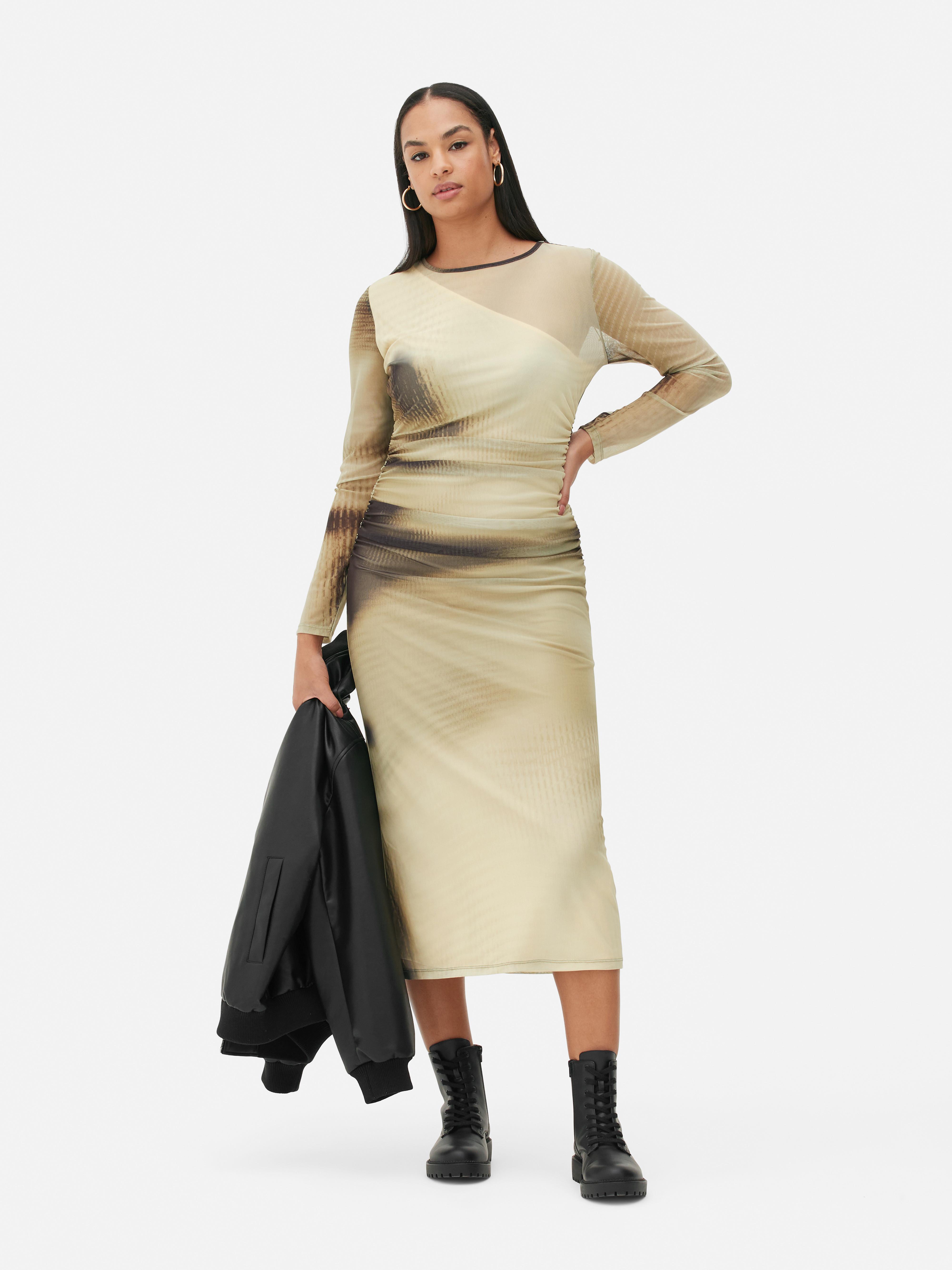 Mesh long shop sleeve midi dress