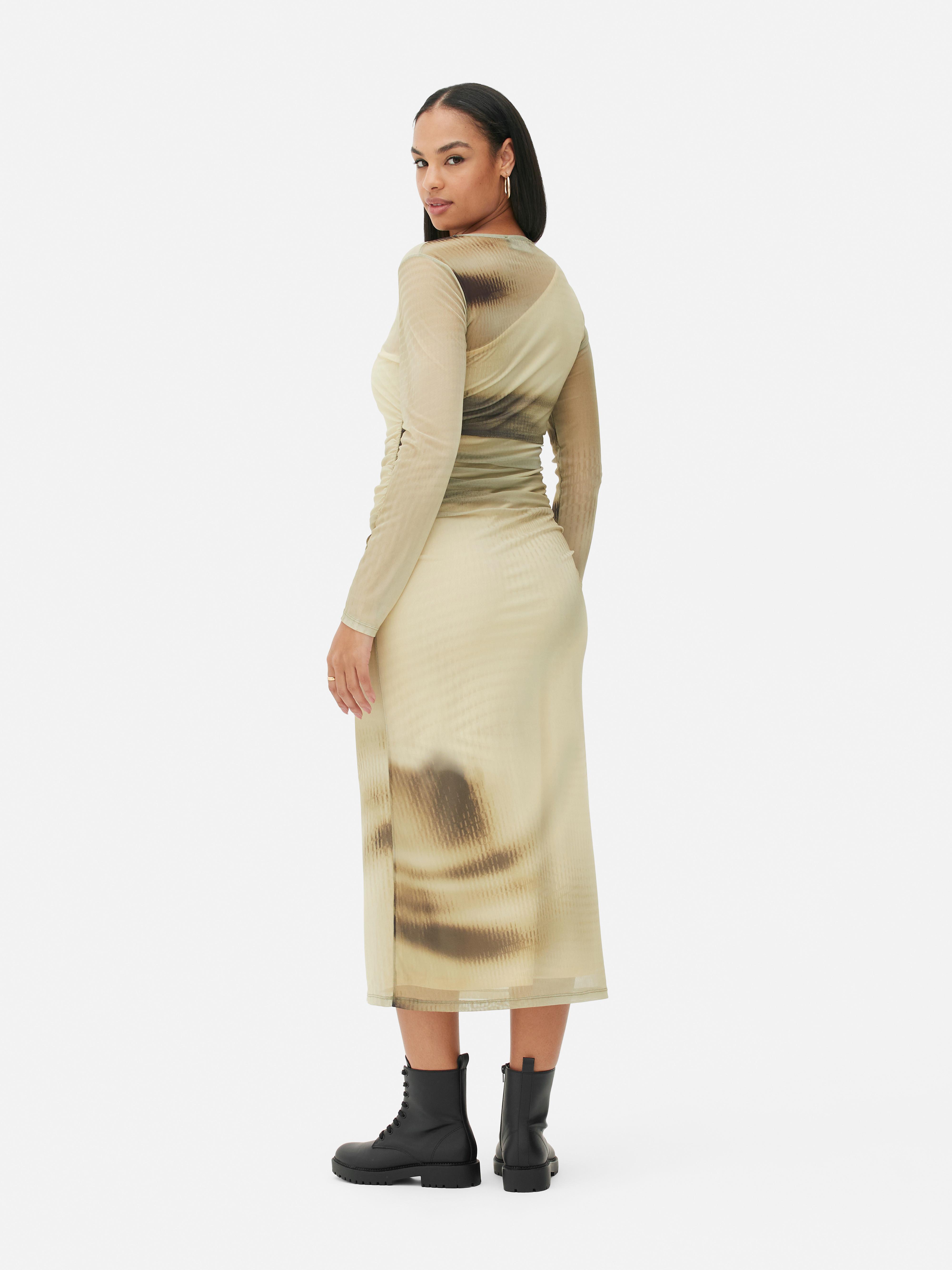 Abstract Mesh Long Sleeve Midi Dress