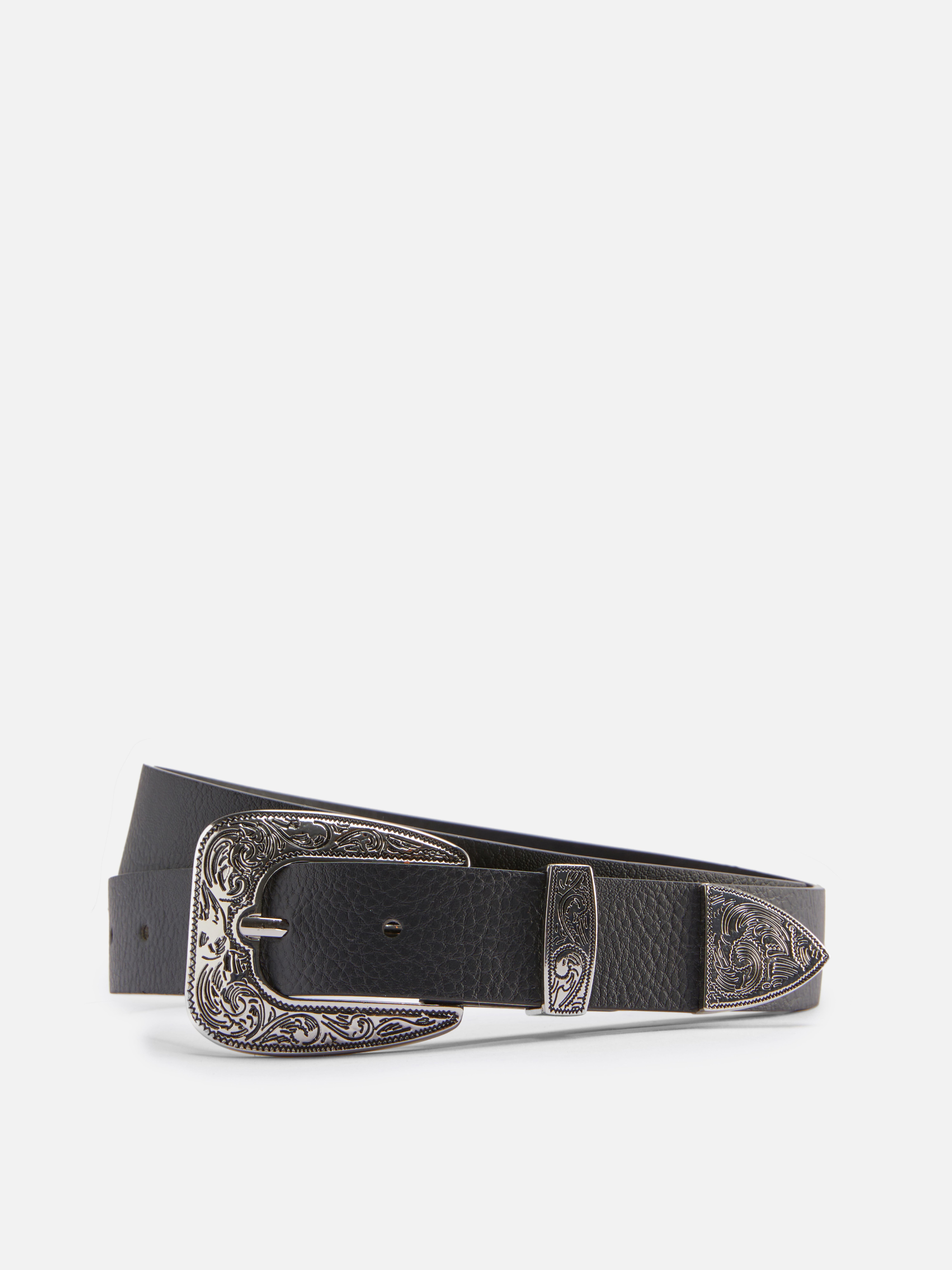 Engraved Buckle Faux Leather Belt