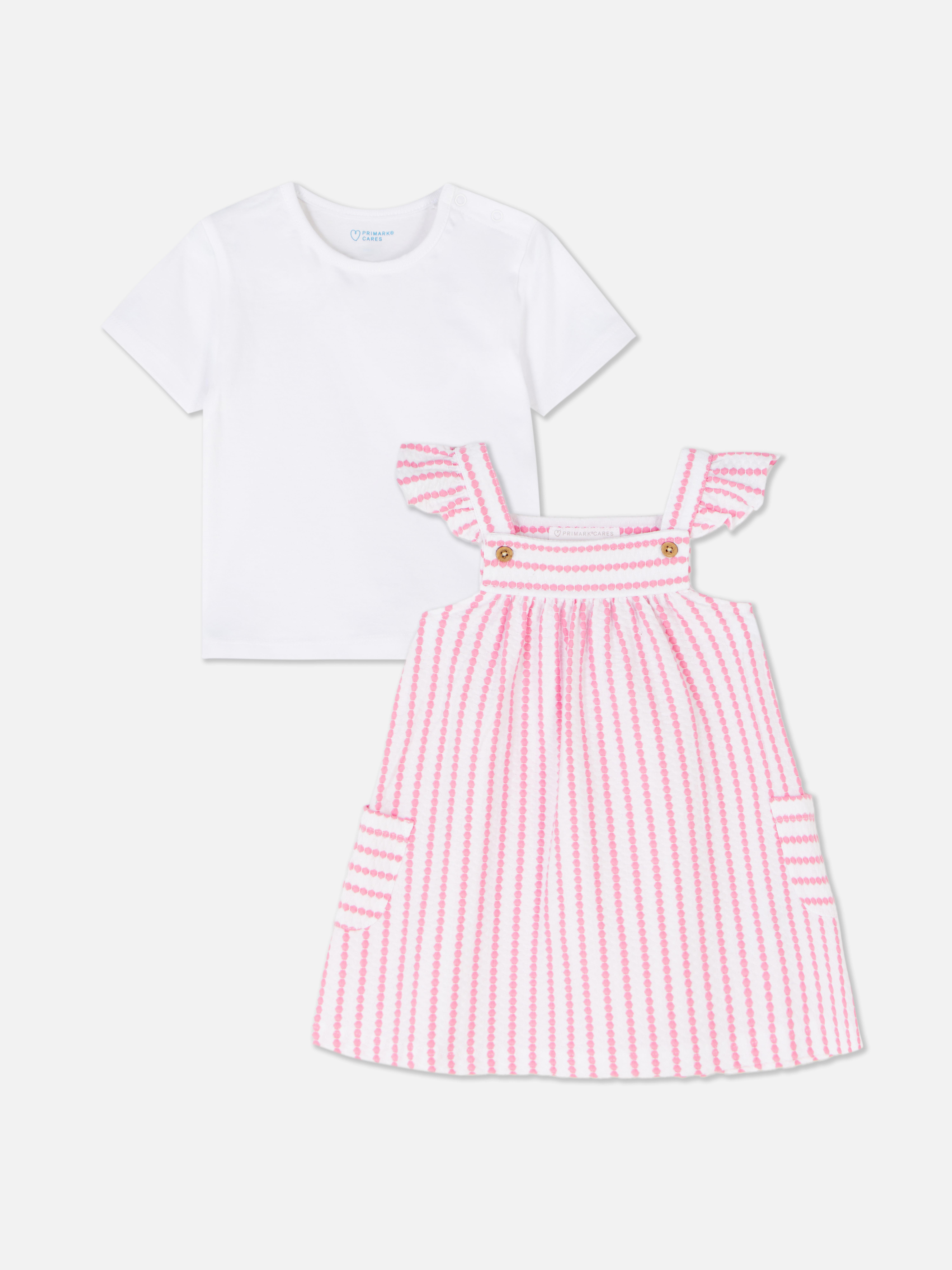 Baby Girls Pink Striped Pinafore Dress and T Shirt Set Primark