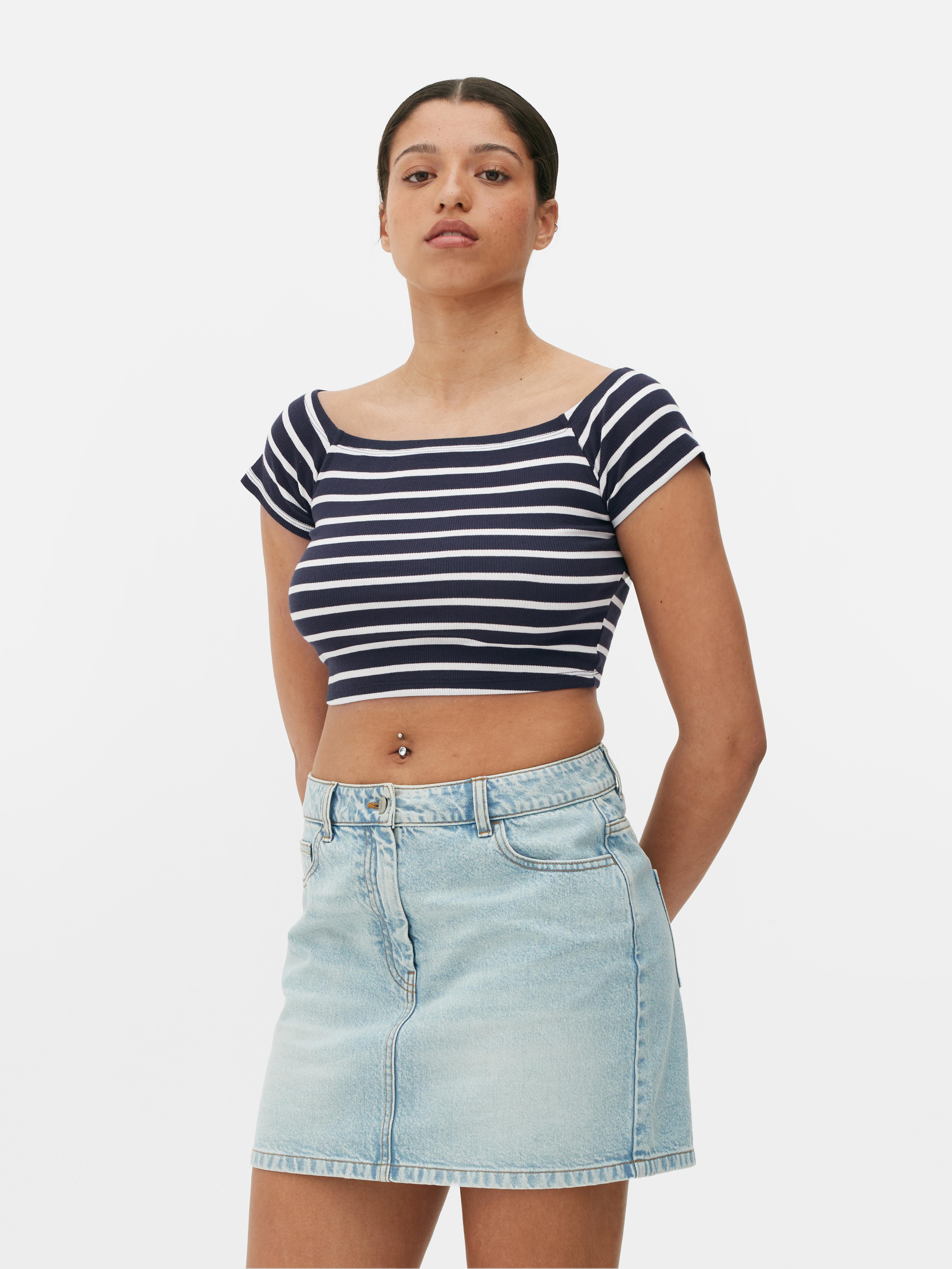 Womens Navy Striped Bardot Crop Top | Primark