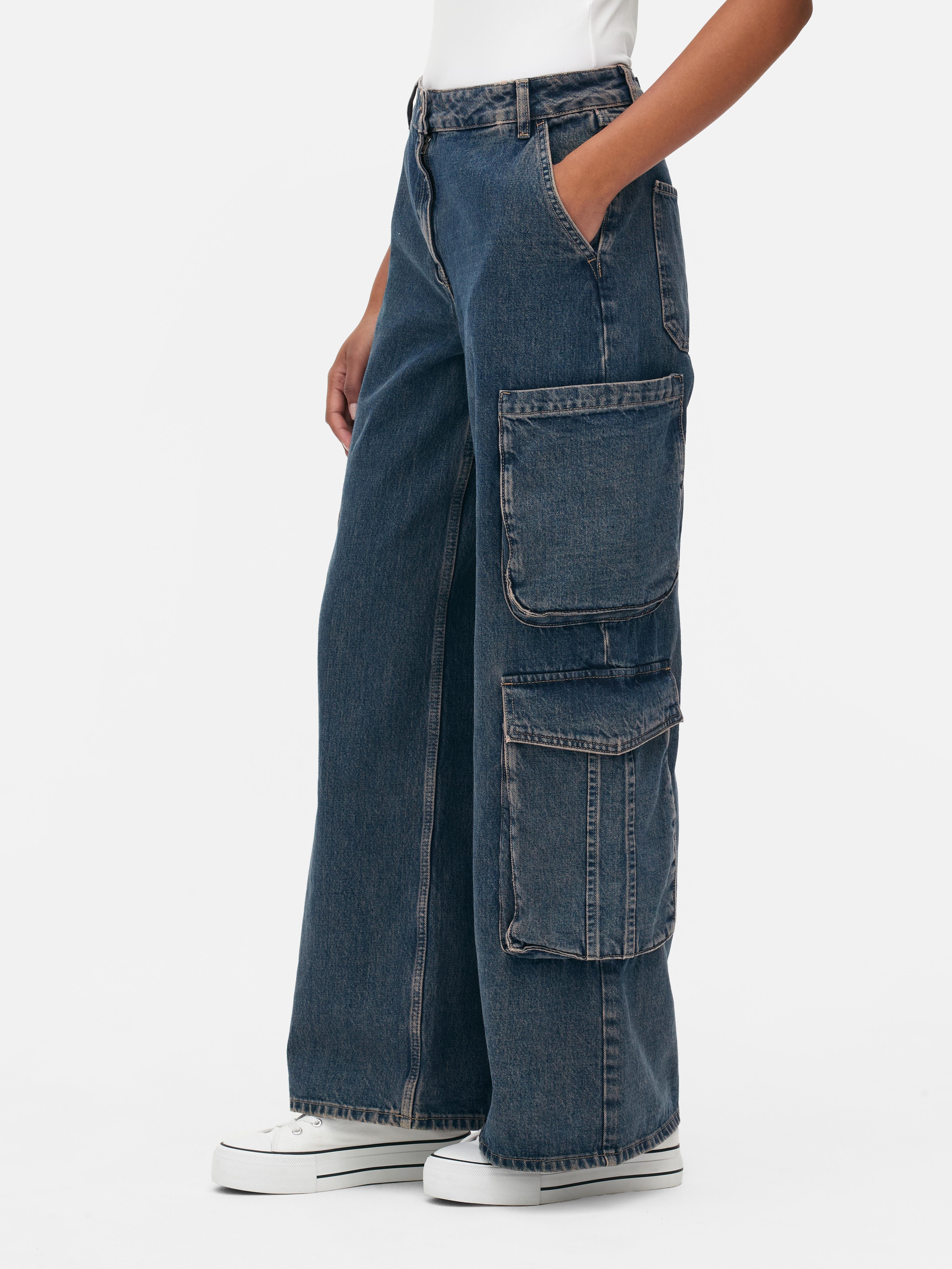 Womens Blue Wide Leg Distressed Cargo Jeans | Primark