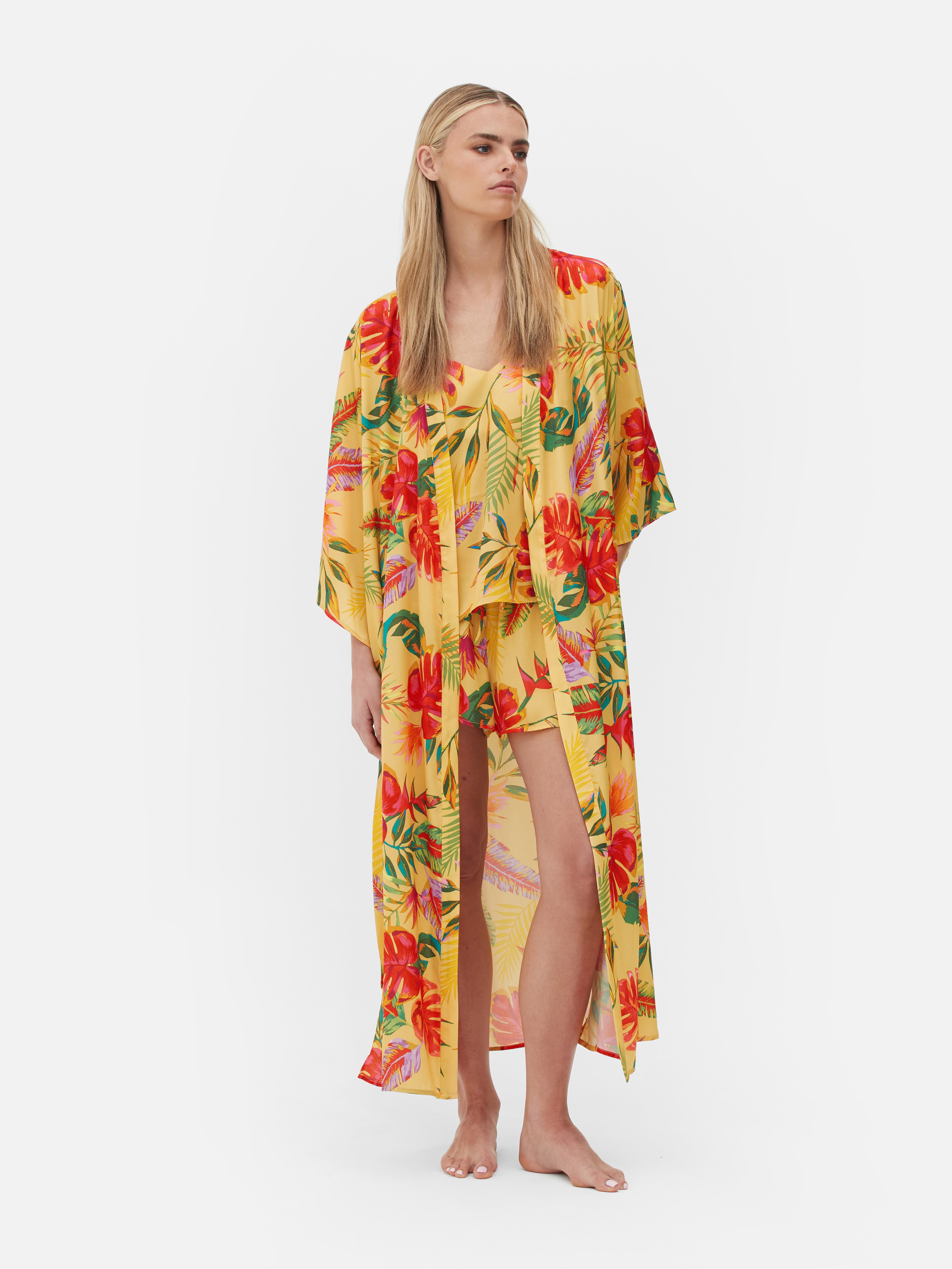 Tropical Floral Print Satin Robe