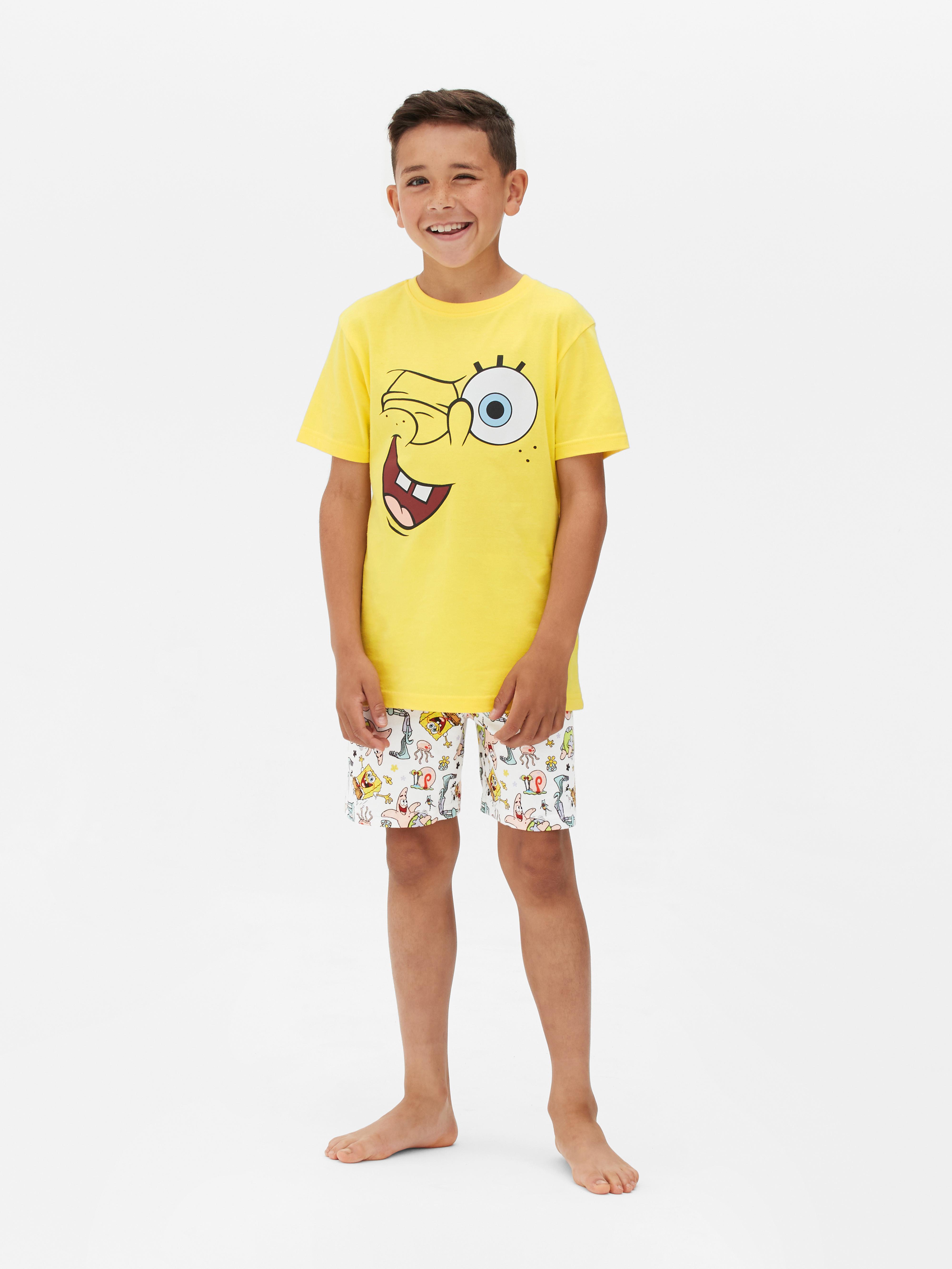 Pyjama Bob L'Éponge - T-shirt Manches Courtes + Pantalon, 100% Coton, Pour Enfants