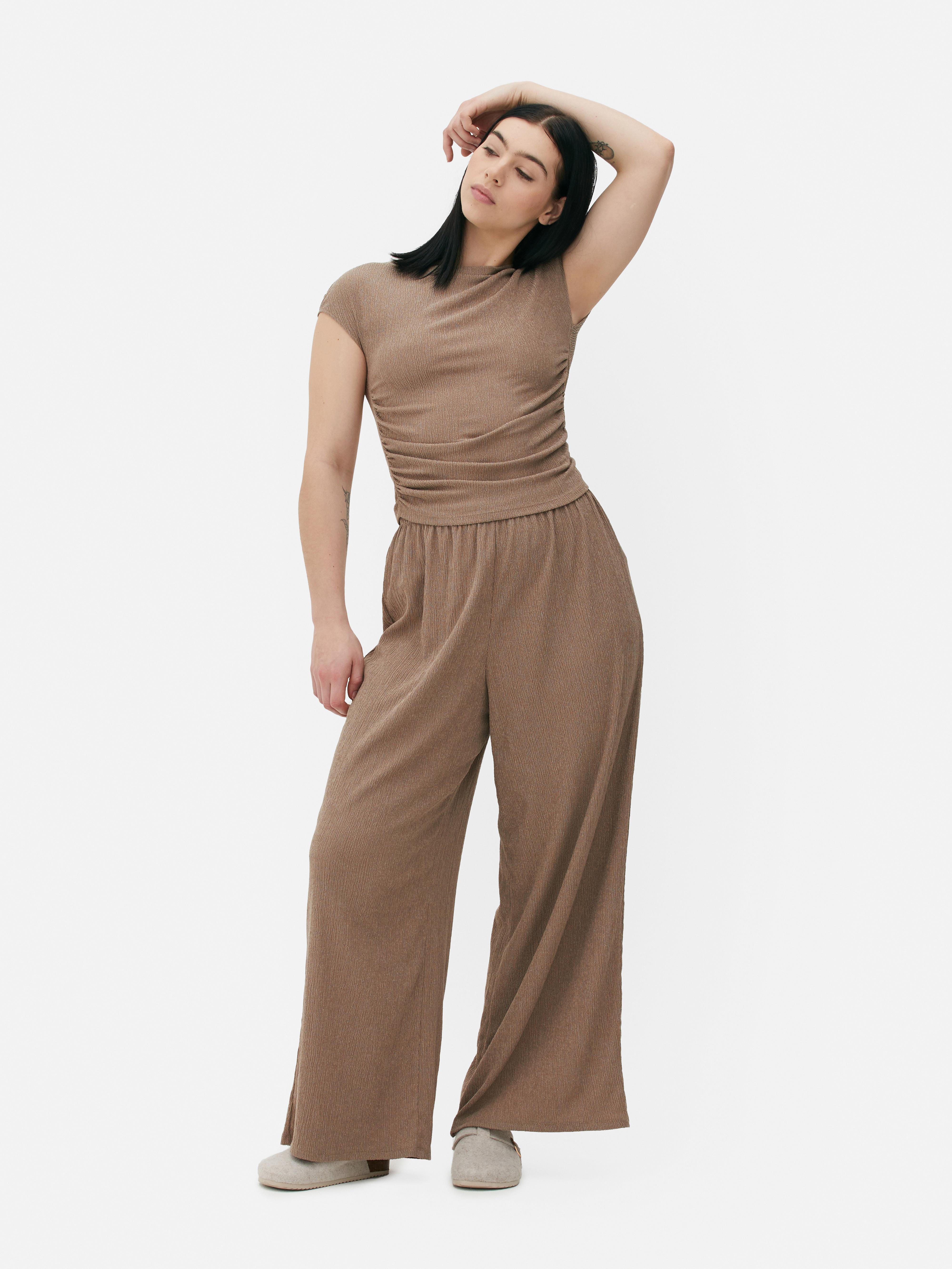 Womens Taupe Textured Wide Leg Trousers