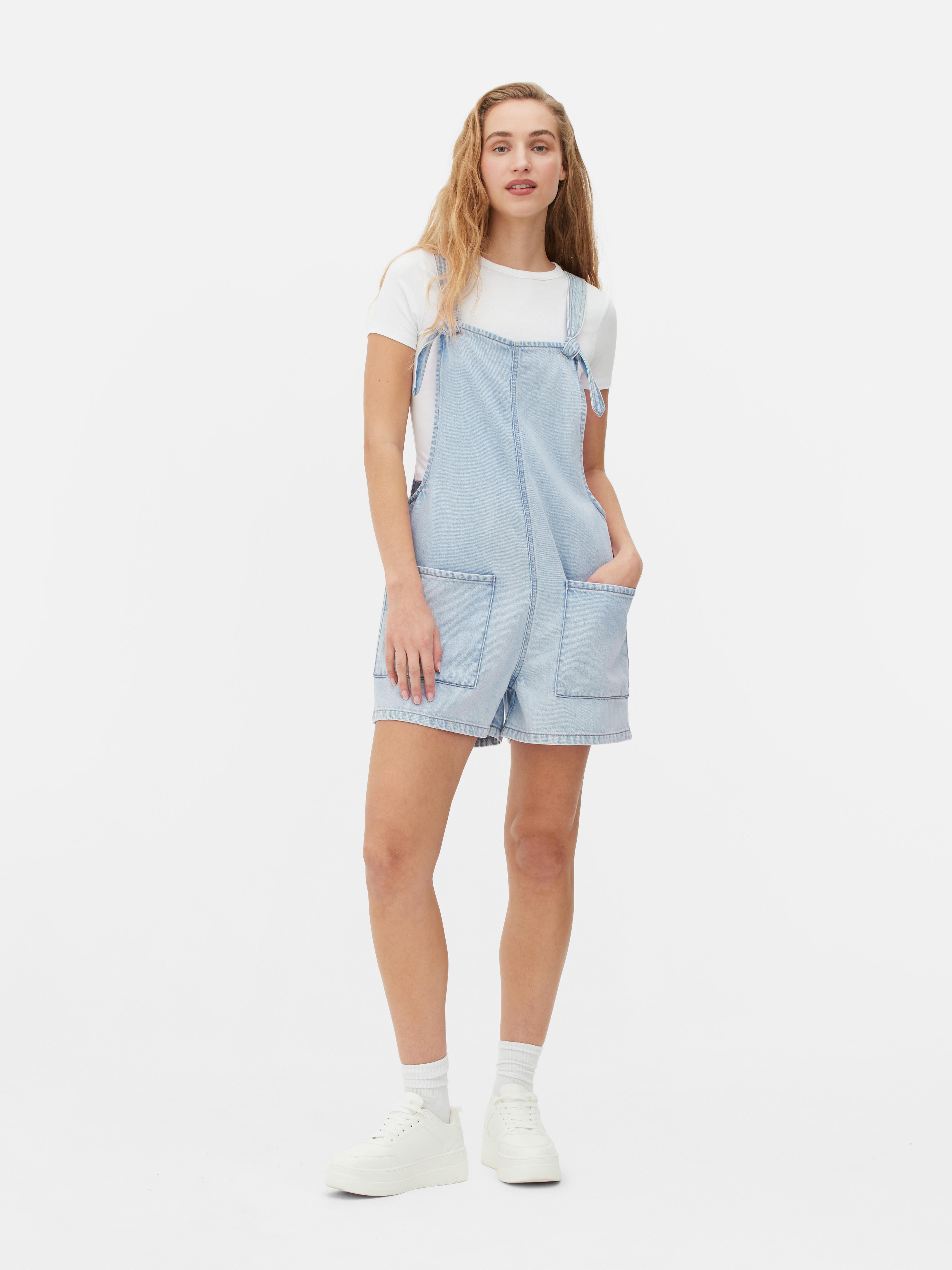 Women's Light Blue Tie-Front Denim Overalls Playsuit | Penneys