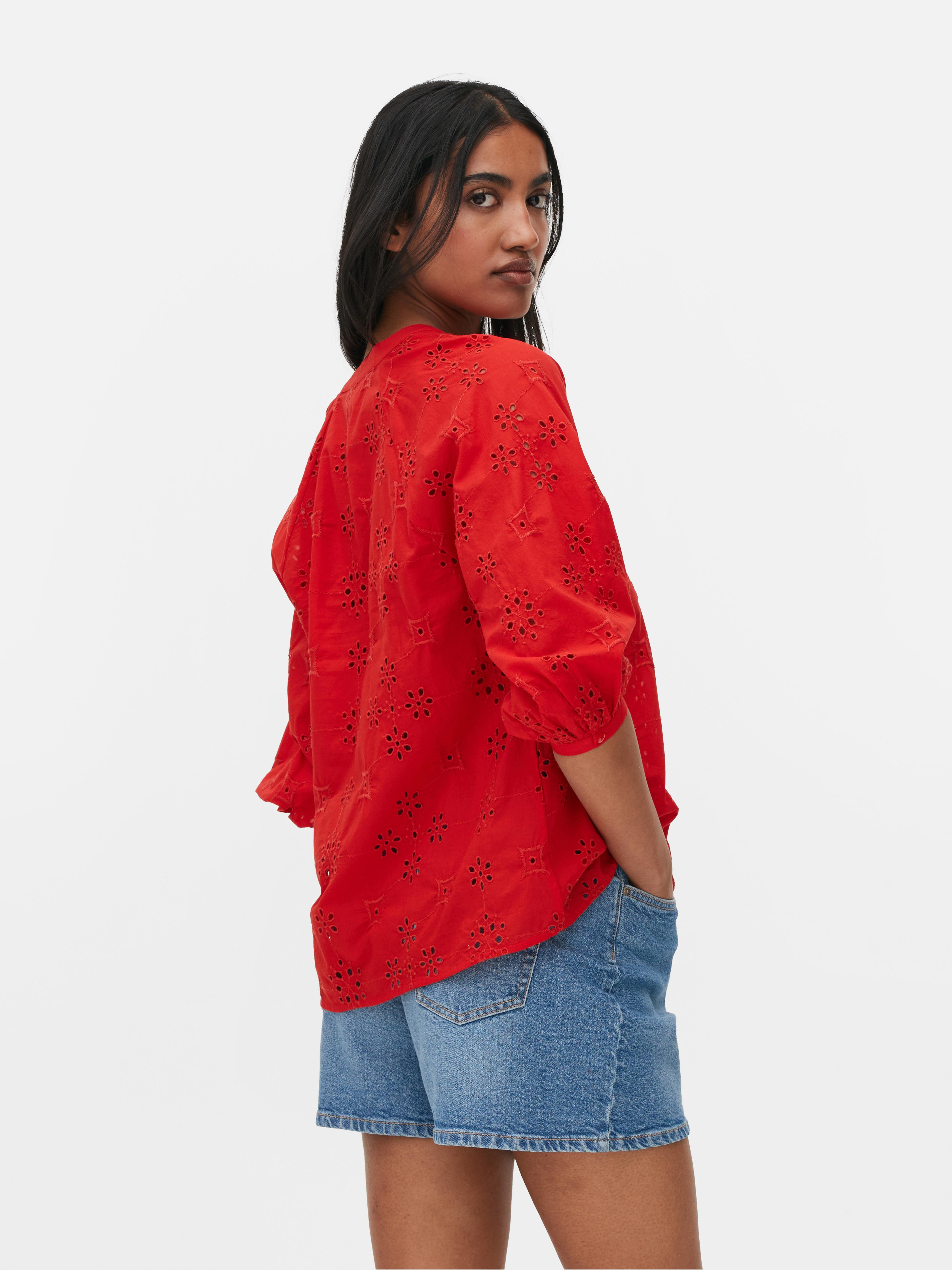 Womens Red Cutwork Puff Sleeve Blouse Primark