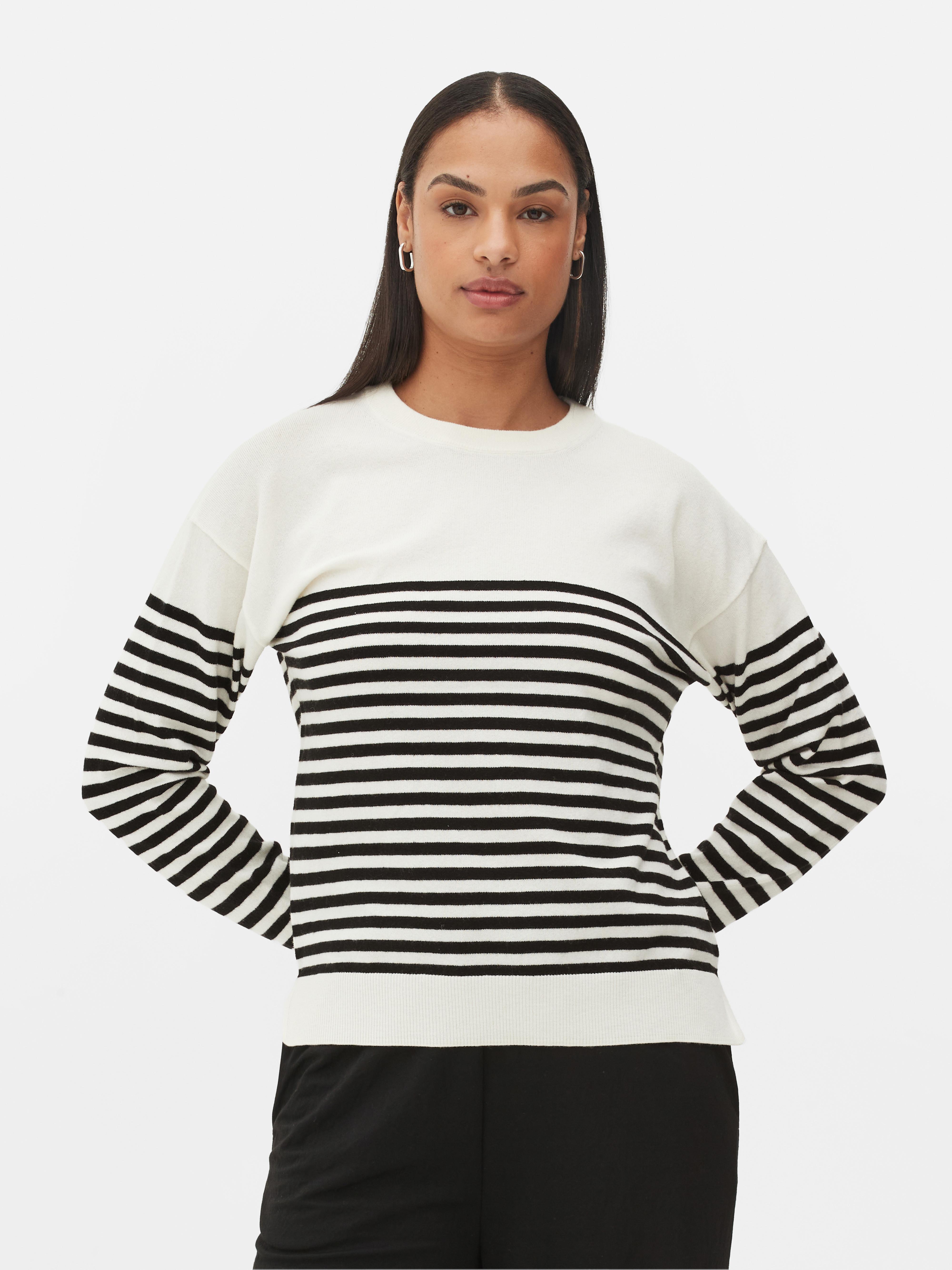 Women s White Black Fine Knit Crew Neck Jumper Penneys
