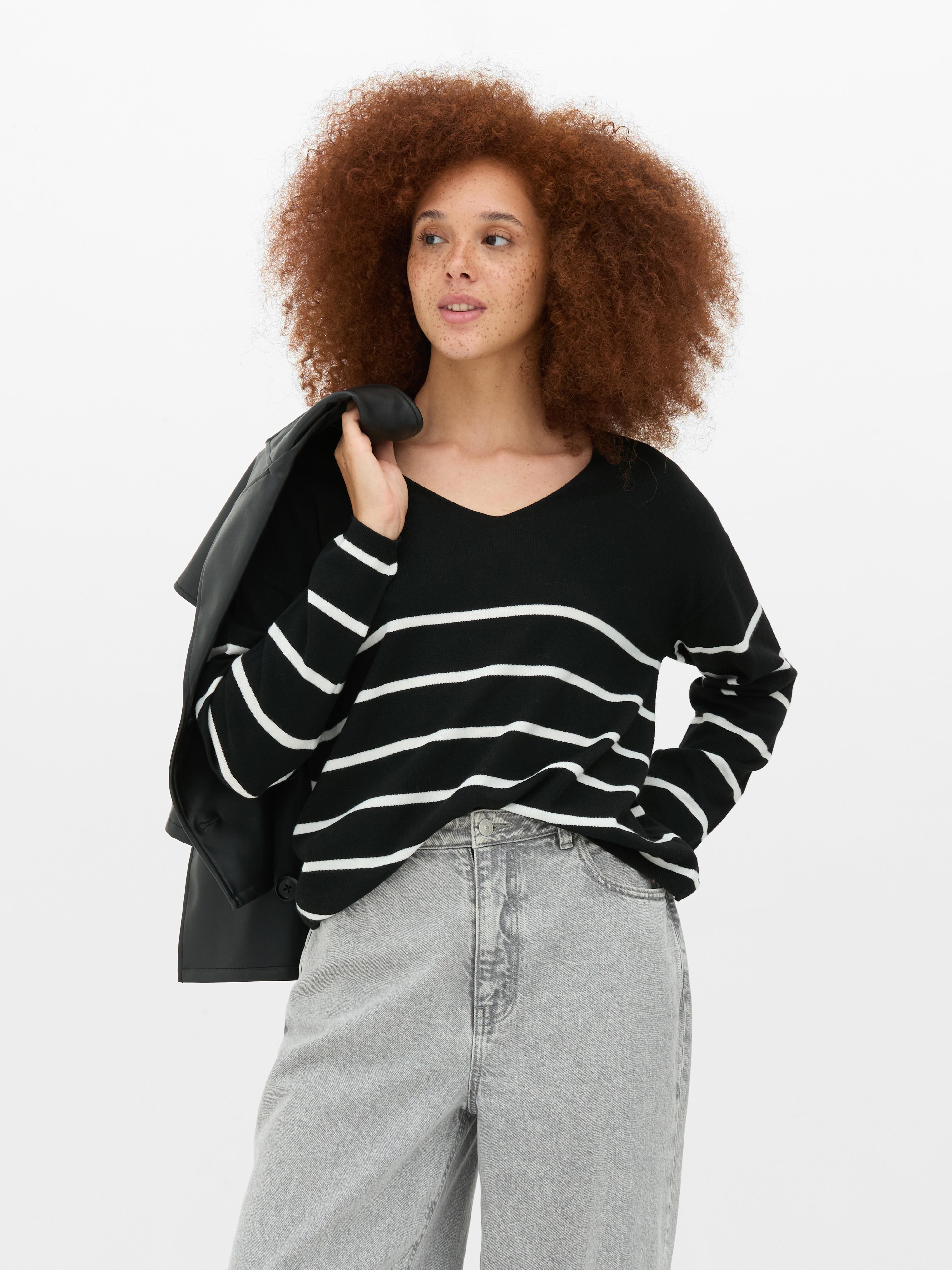 Womens Black/White Fine Knit V-neck Jumper | Primark