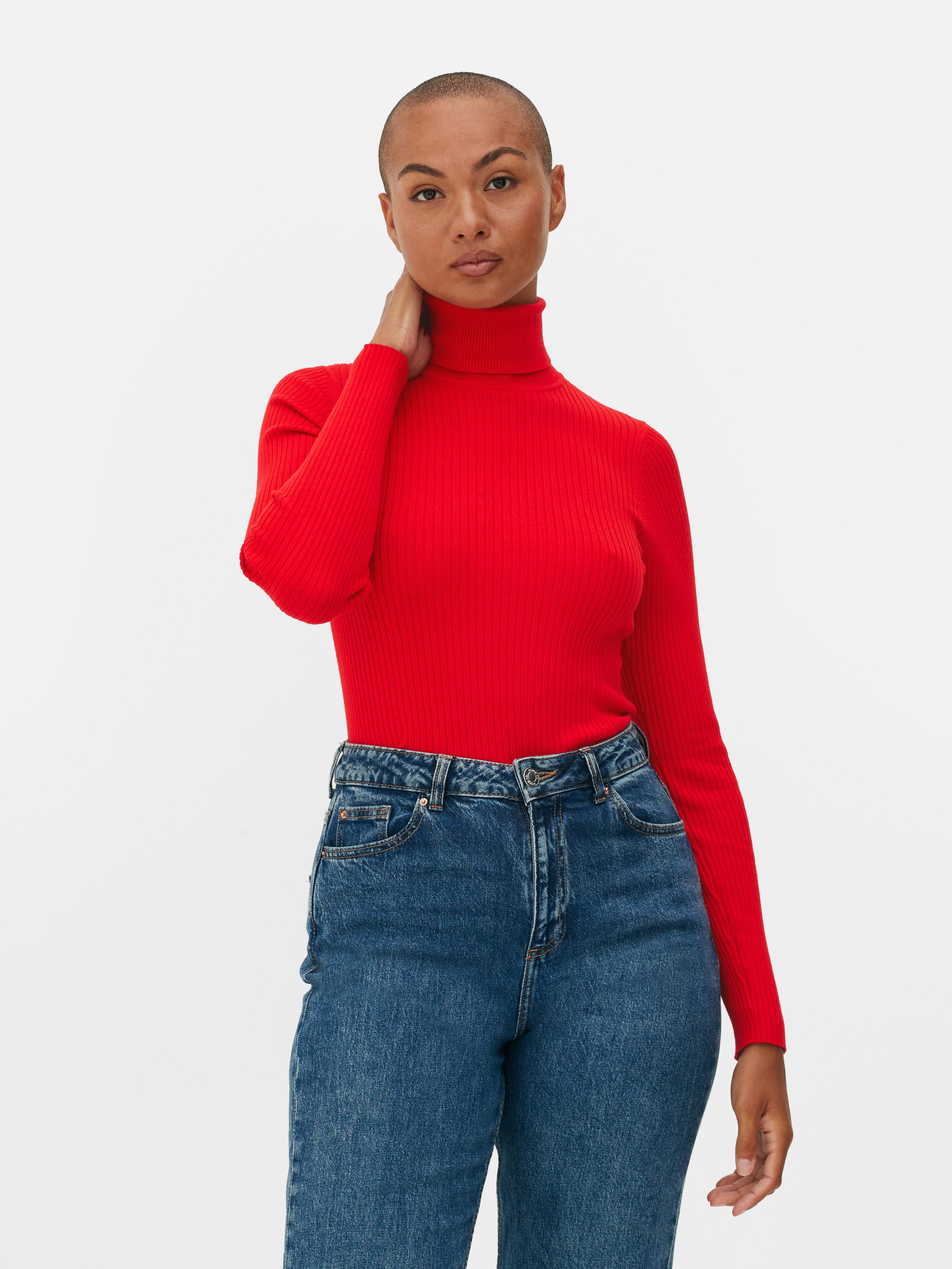 Women s Red Ribbed Roll Neck Sweater Primark