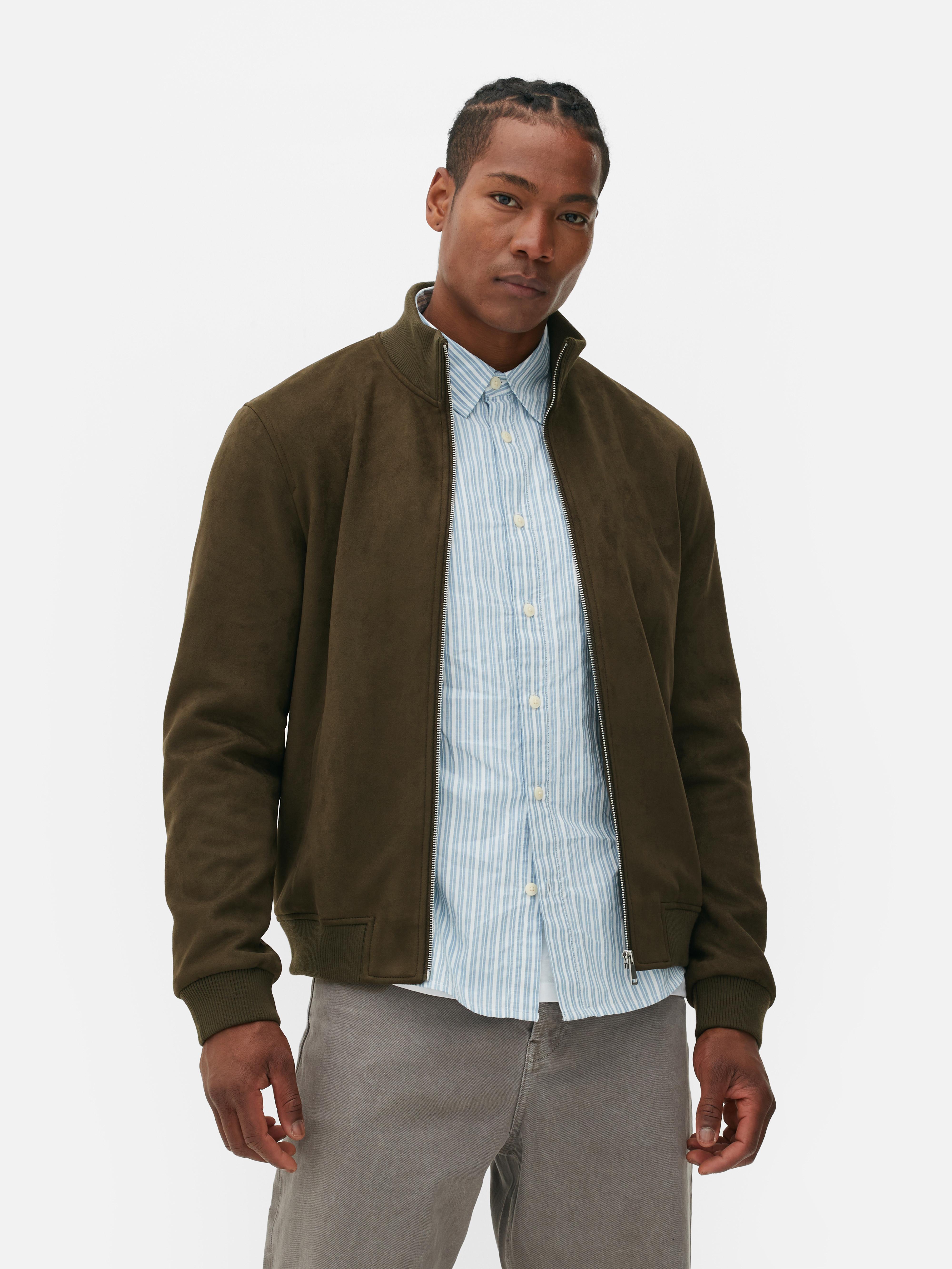 Mens Olive Faux Suede Funnel Neck Bomber Jacket Primark