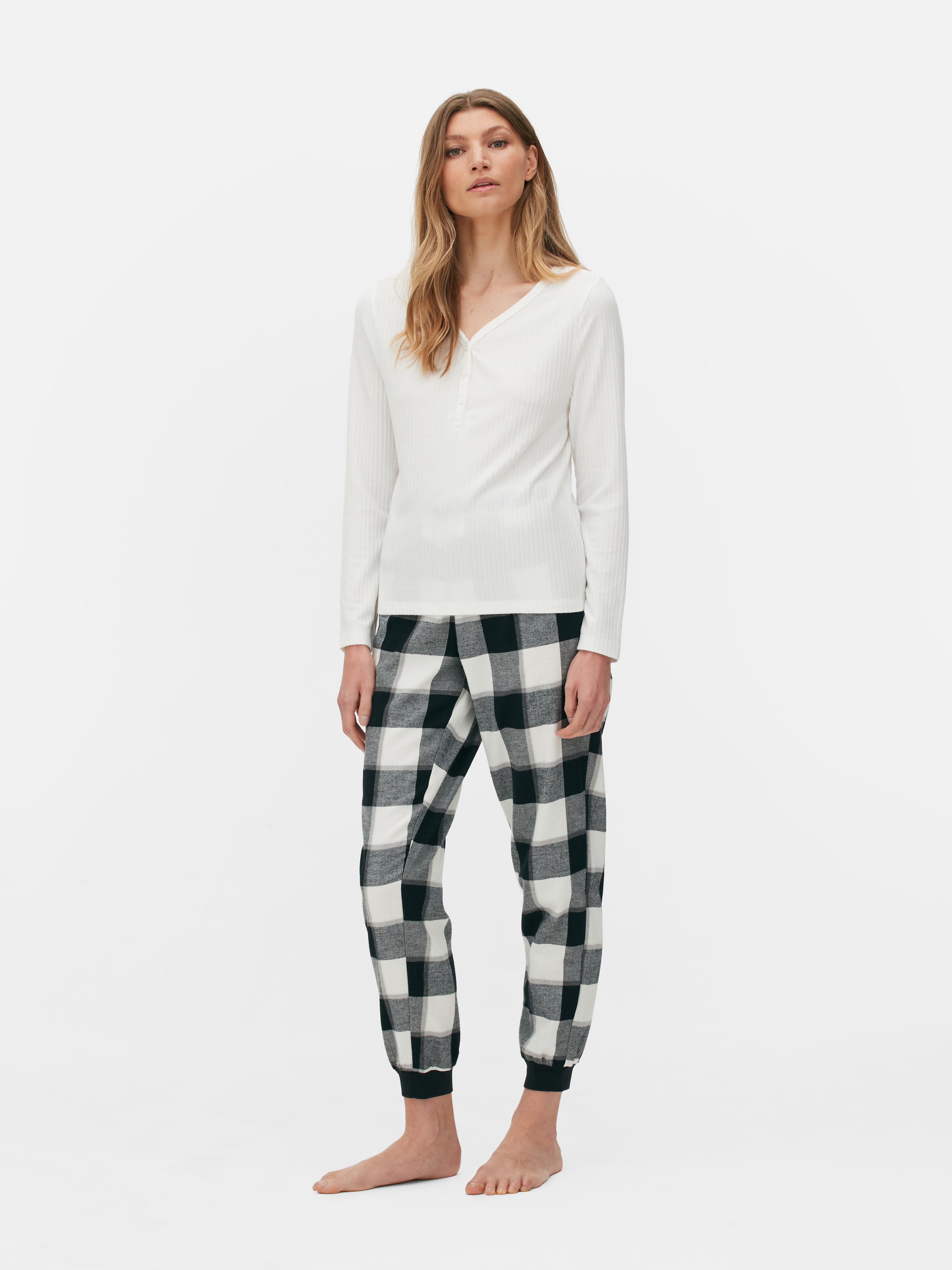 Womens Black White Check Bottom Long Sleeve Pyjama Set Primark