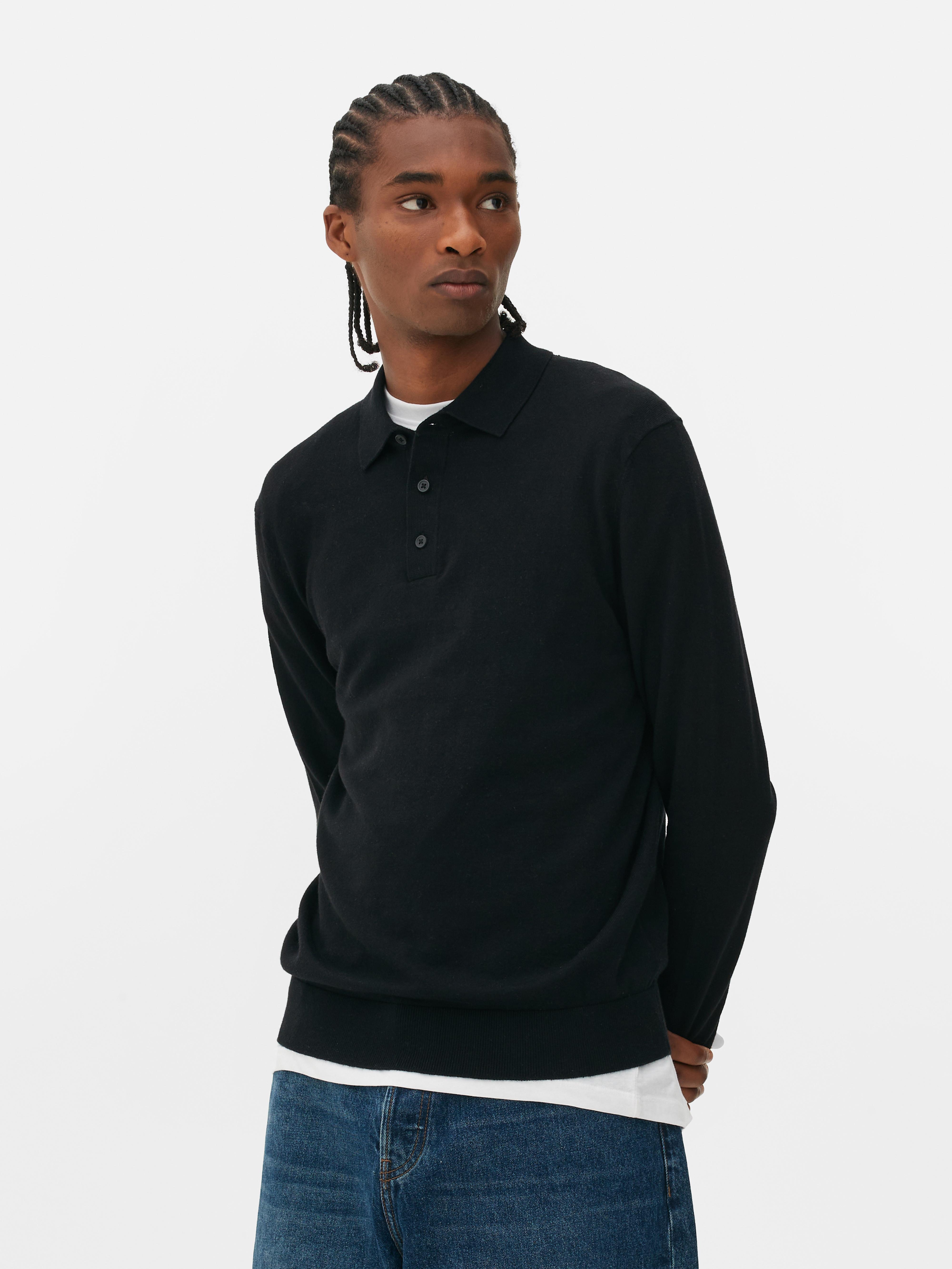 Mens Black Long Sleeve Polo Jumper Primark