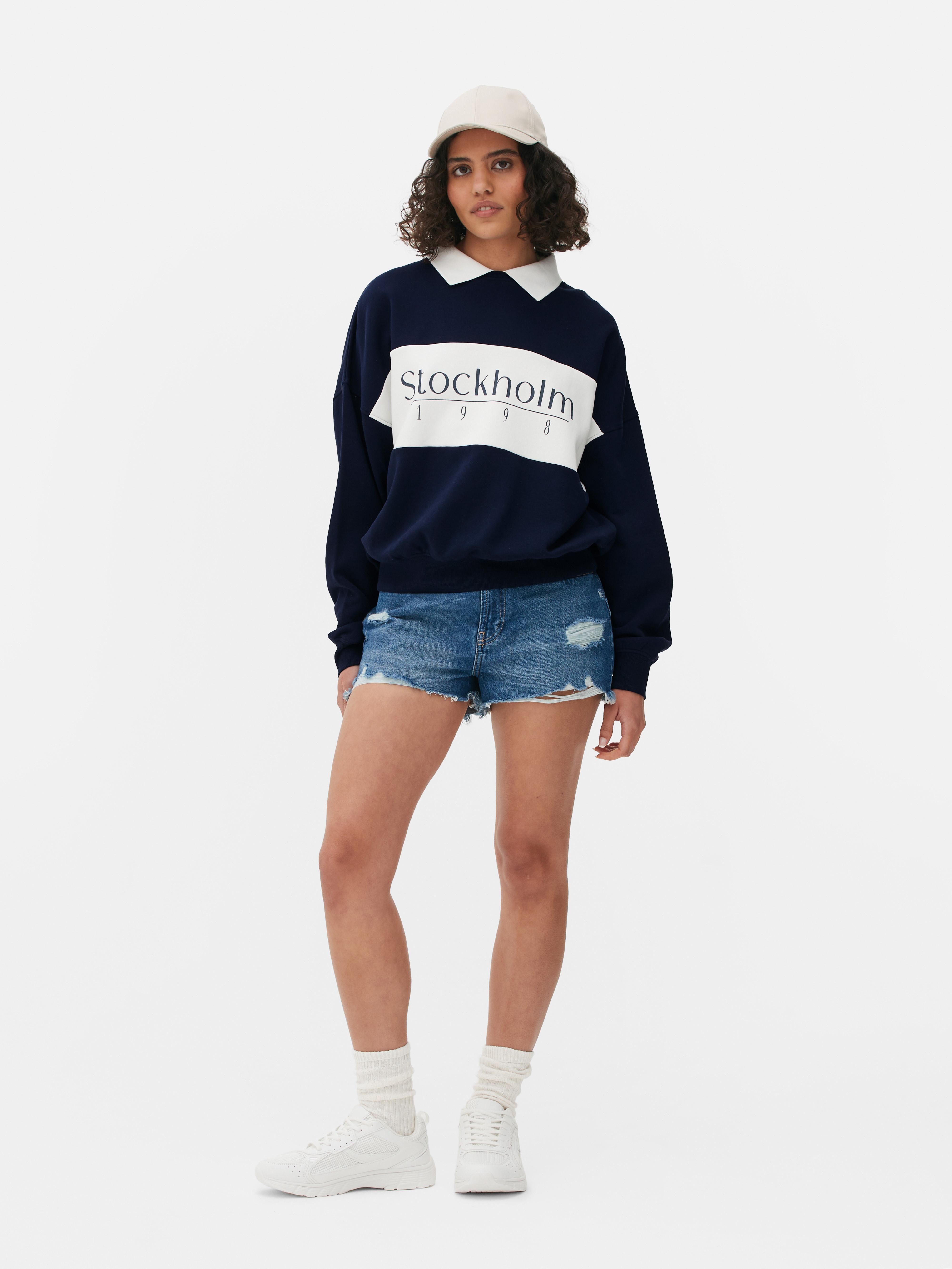 Womens Navy Graphic Collared Sweatshirt Primark