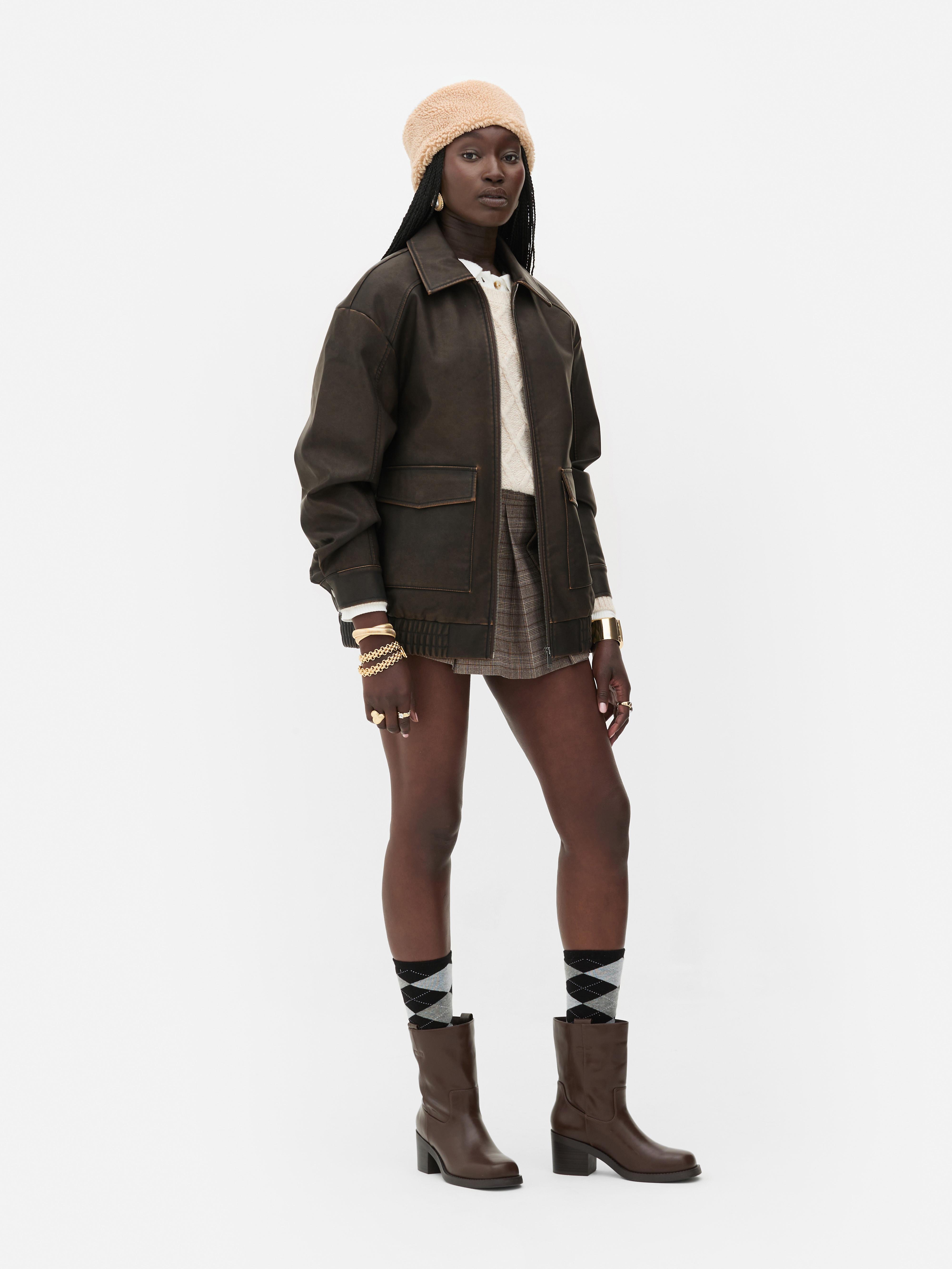 Womens Brown Rita Ora Faux Leather Distressed Bomber Jacket Primark