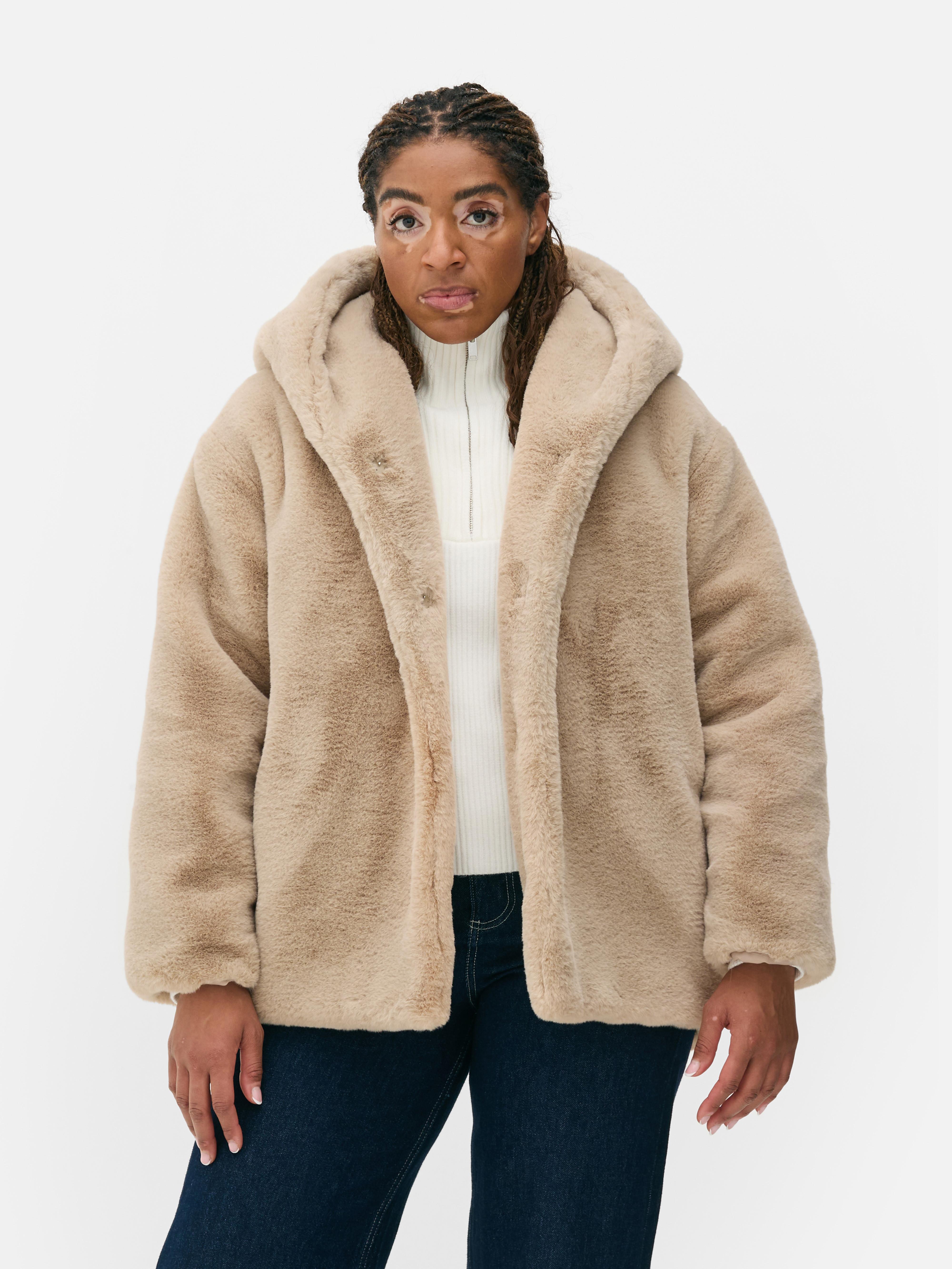 Cream fur hooded coat best sale