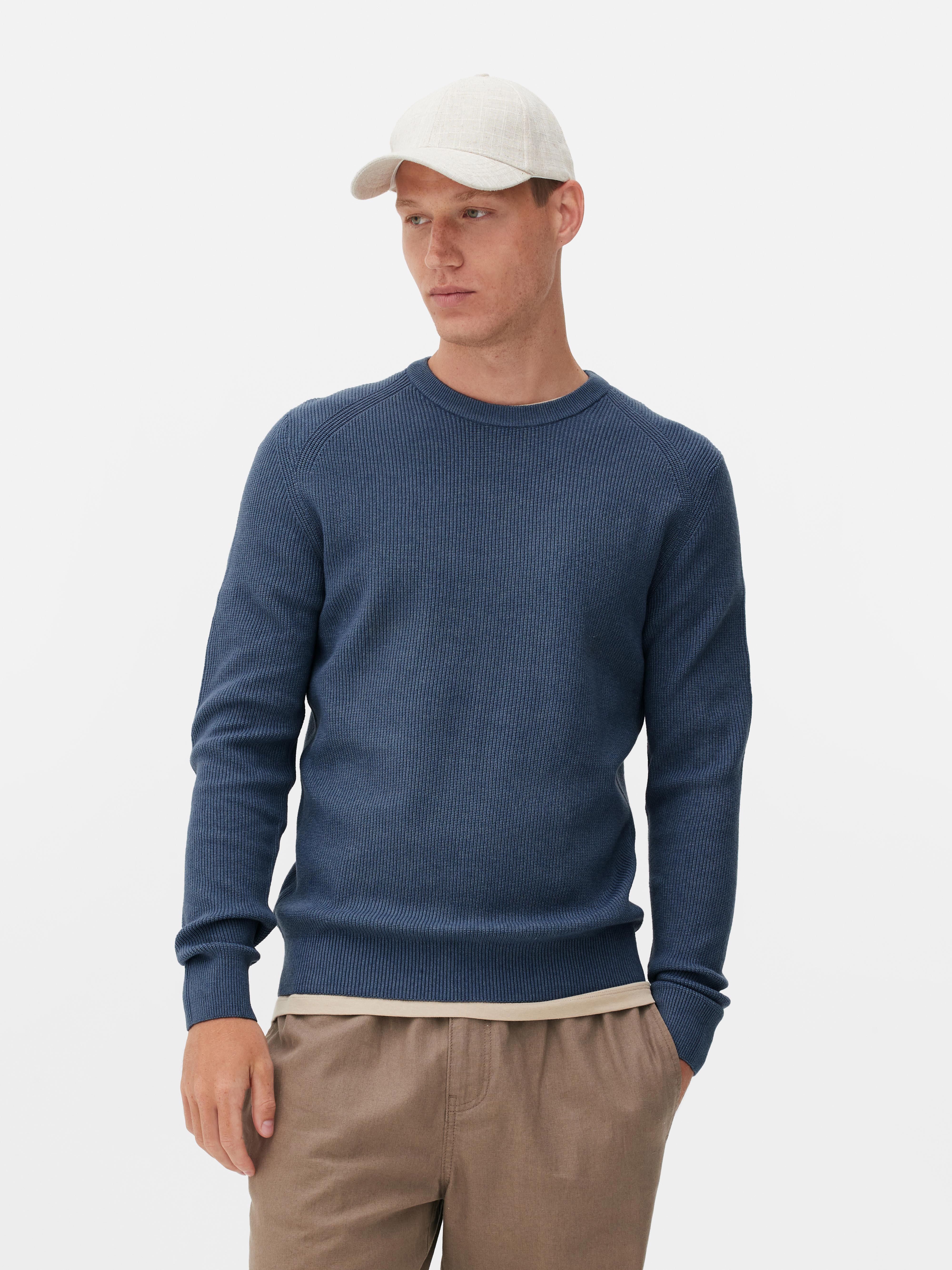 Mens Blue Ribbed Crew Neck Jumper Primark