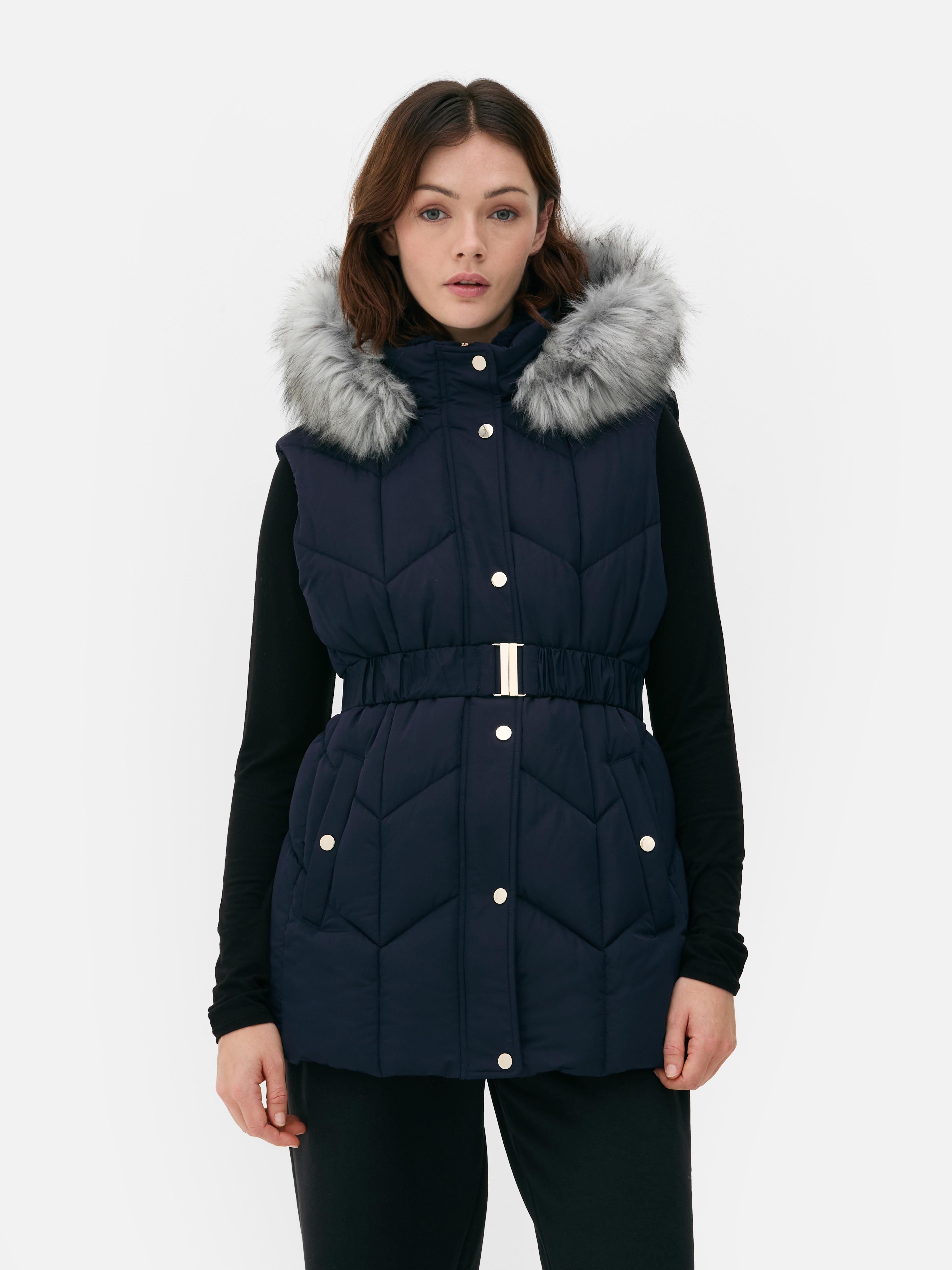 Womens Navy Faux Fur Trim Hooded Gilet Primark