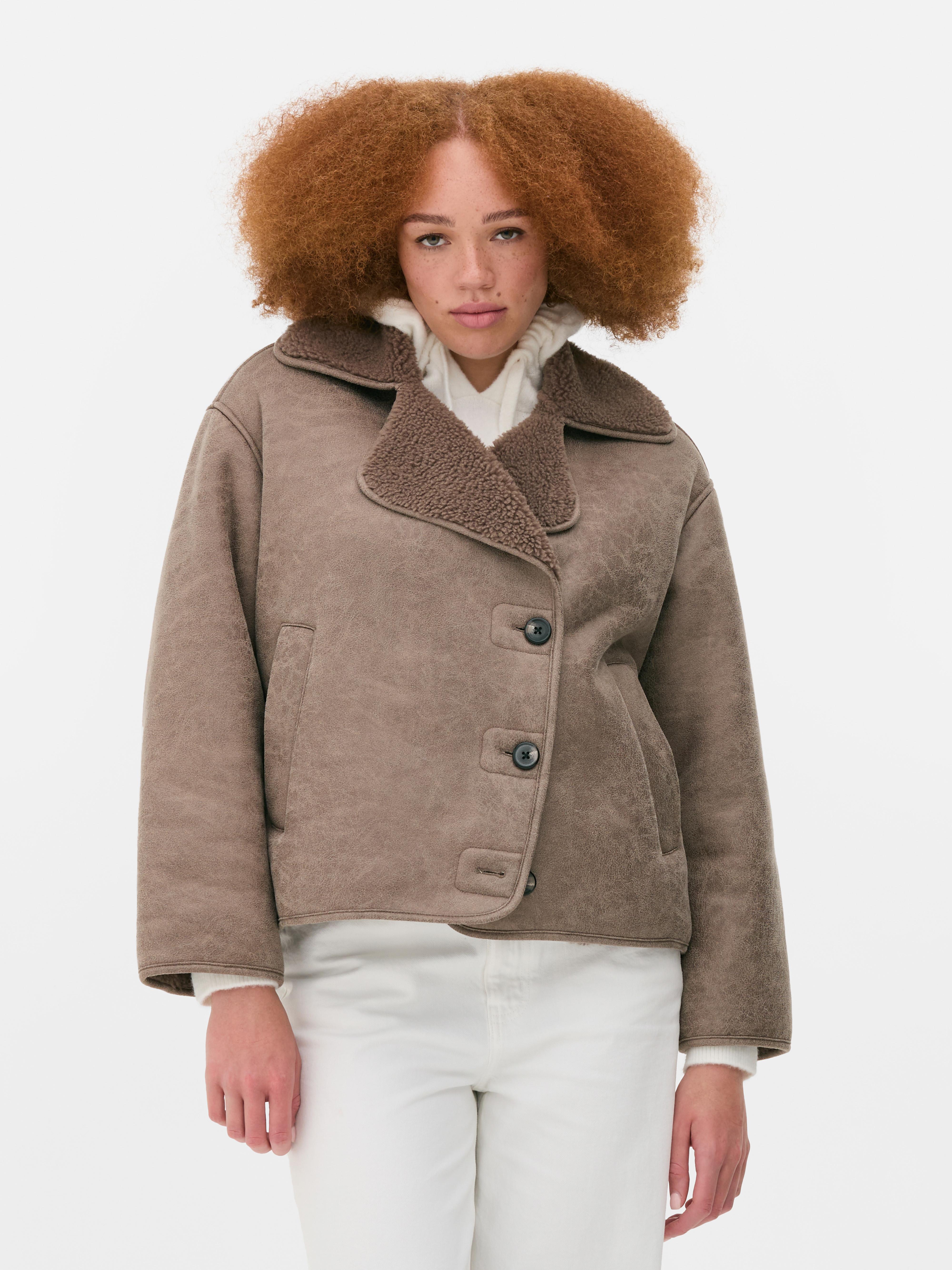 Womens Taupe Faux Shearling Biker Jacket Primark