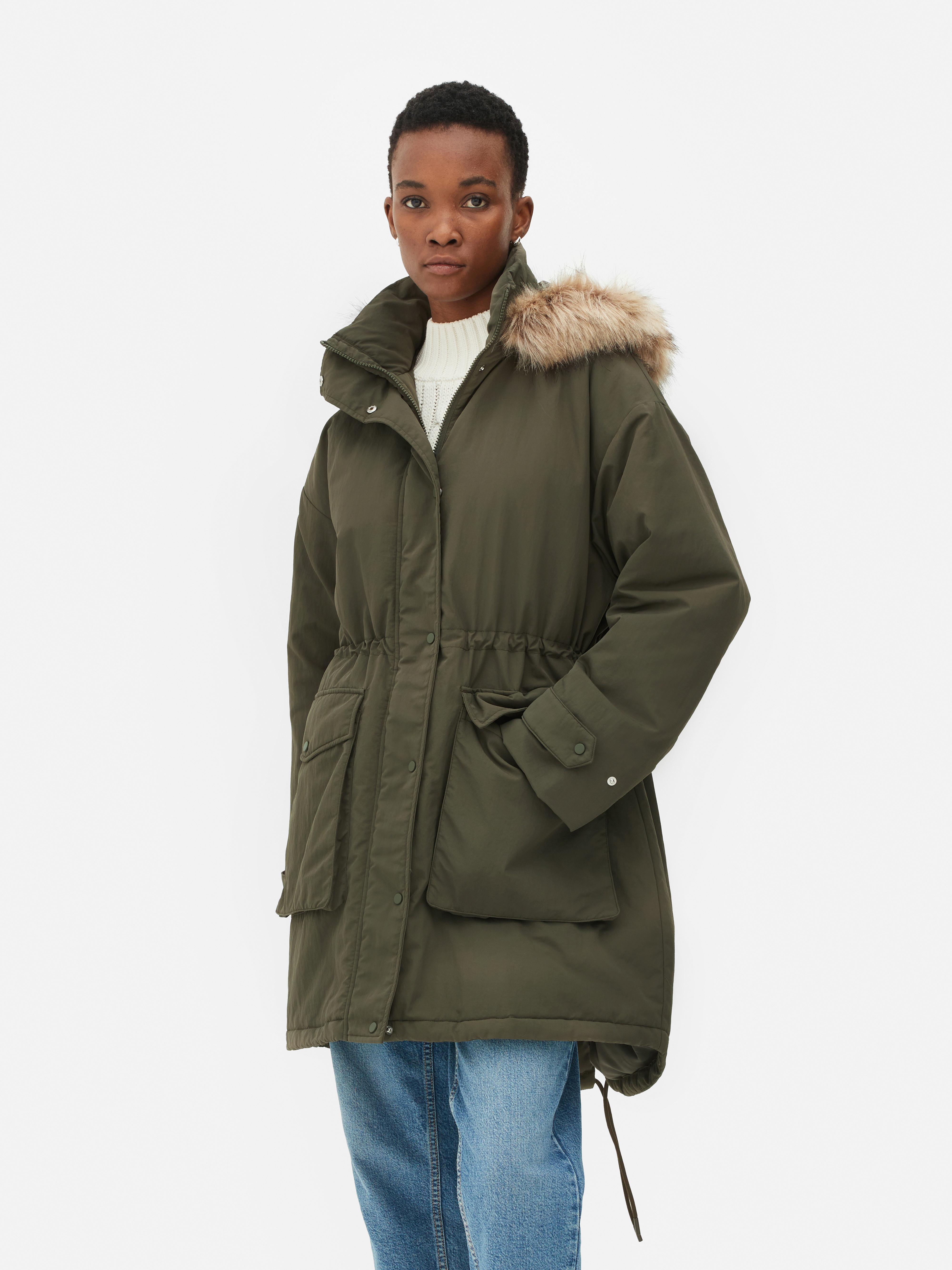 Womens Khaki Faux Fur Hooded Parka Primark