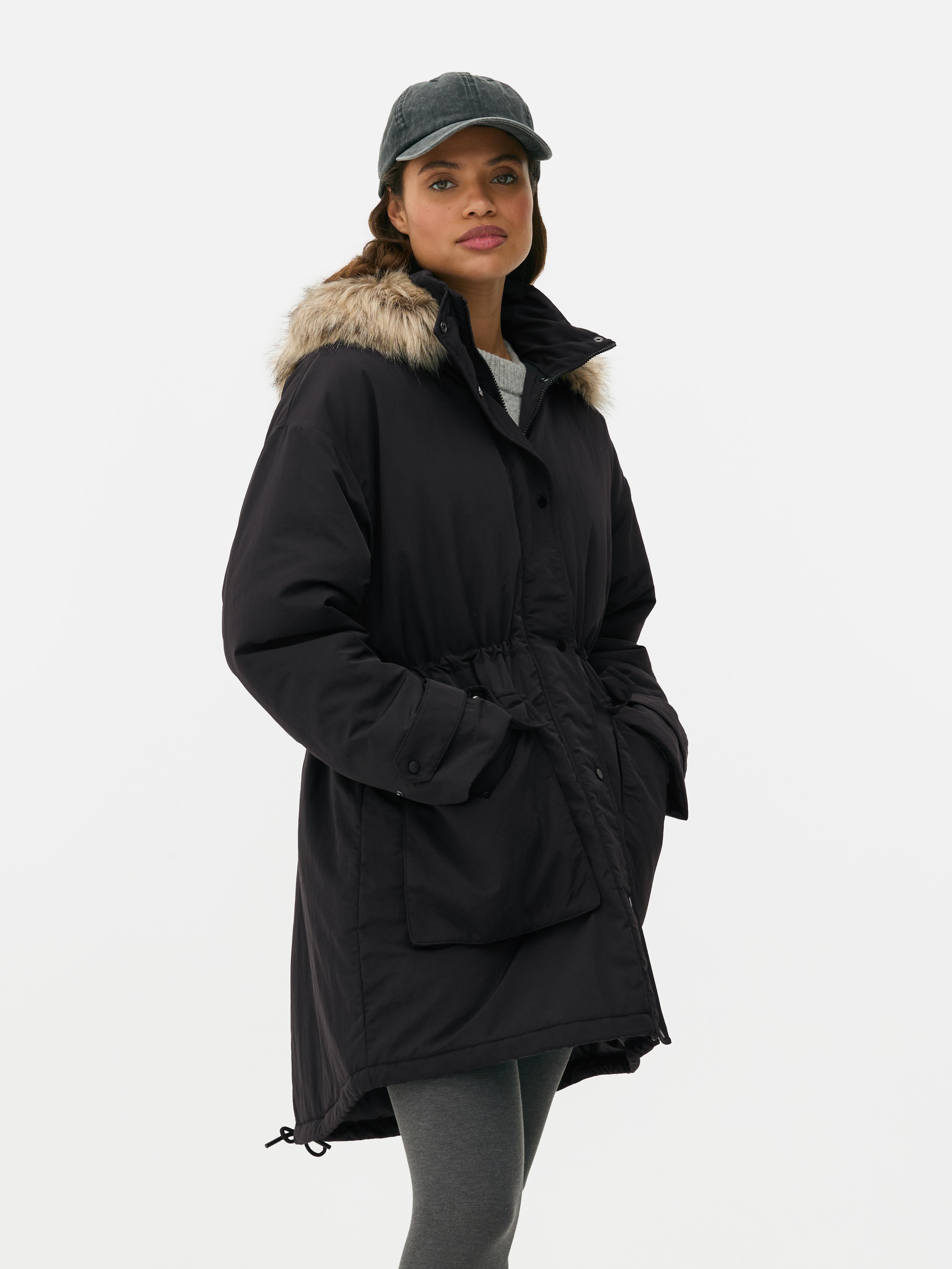 Women s Black Faux Fur Hooded Parka Primark