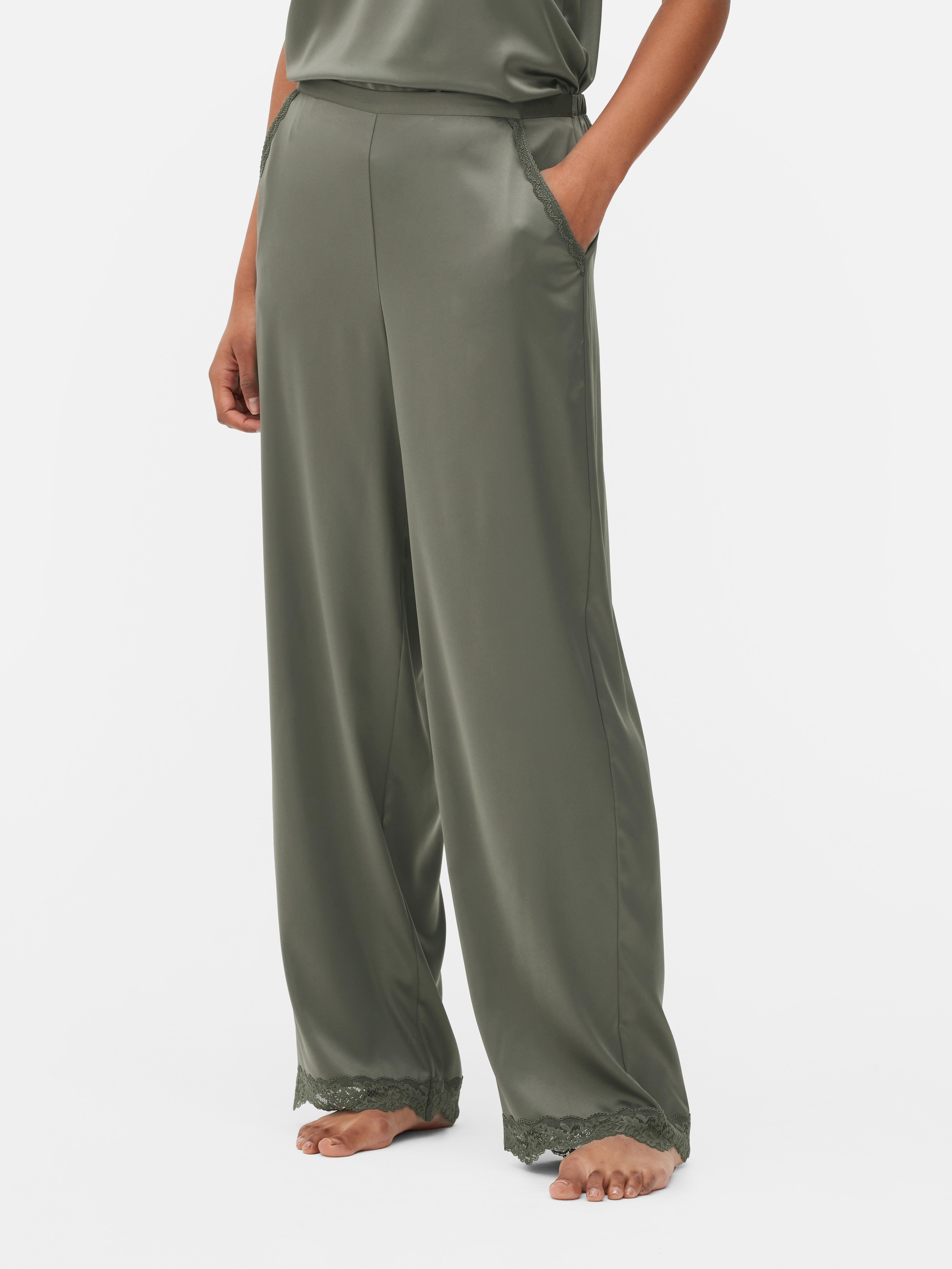 Women's Olive Lace Trim Satin Pajama Shorts Primark