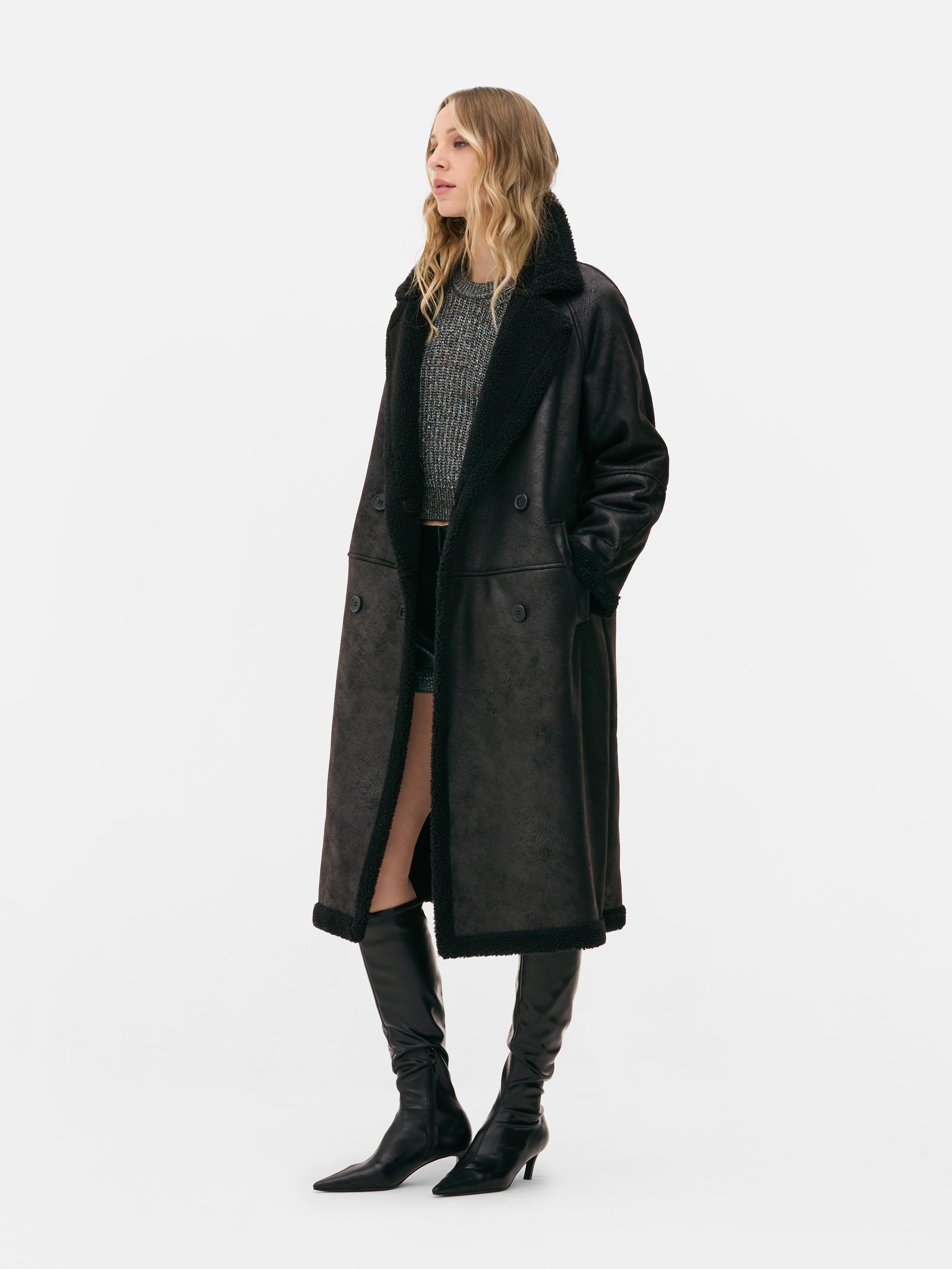 Womens Black Rita Ora Maxi Faux Shearling Coat Primark